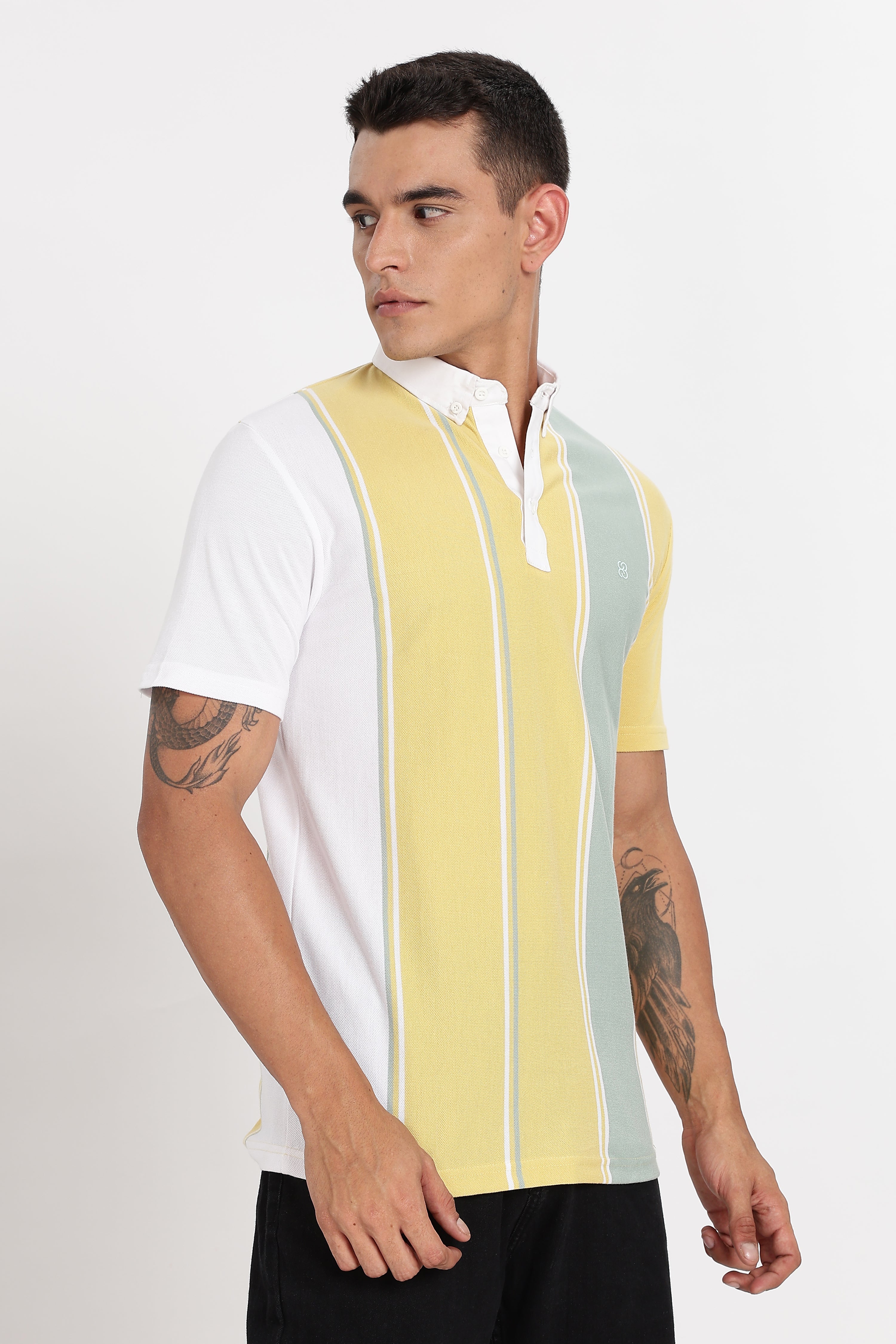 Color Hunt Men's Yellow Striped Slim Fit Polo T-Shirt
