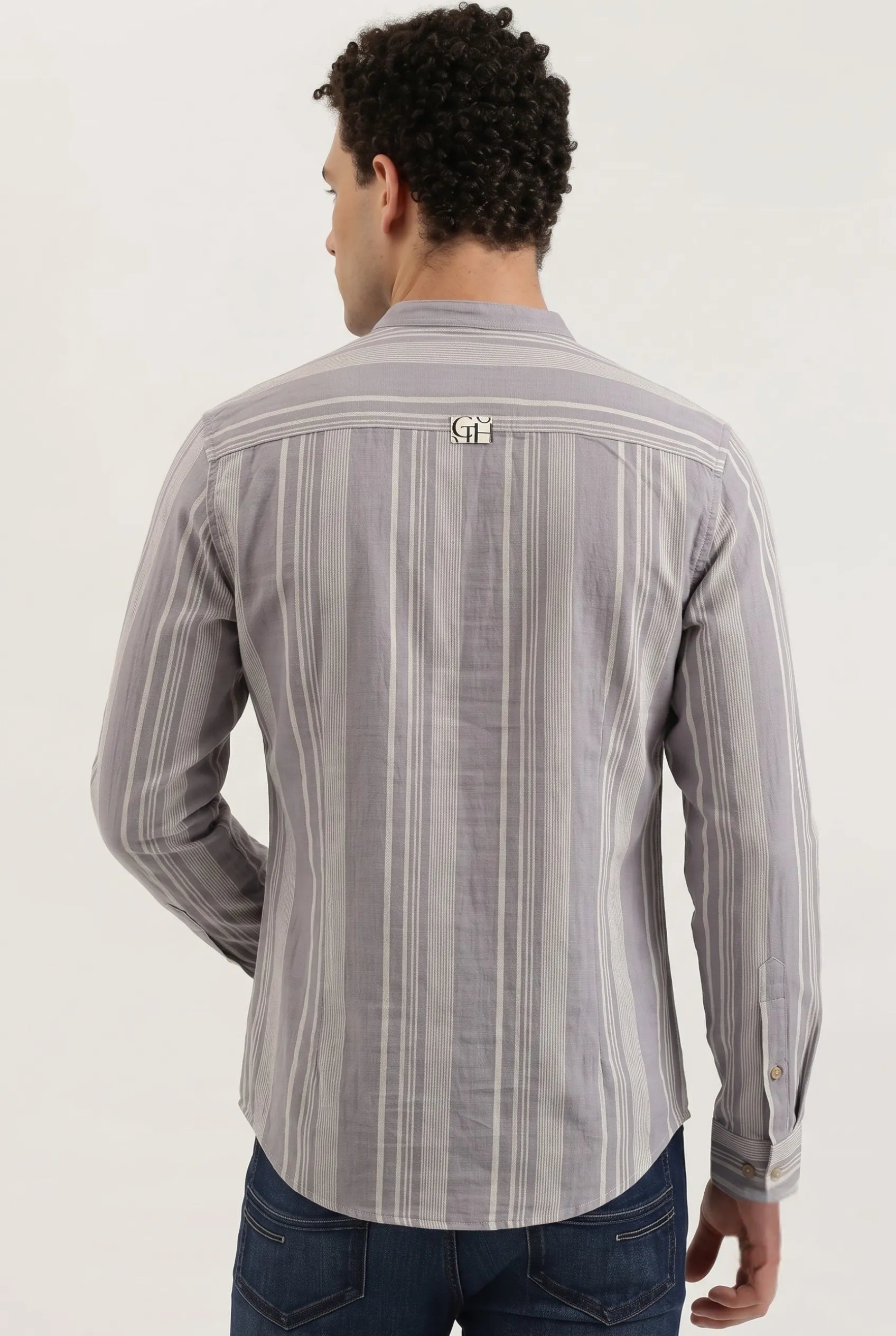 COLOR HUNT Men's Ash Grey Vertical Stripe Shirt | Full Sleeve Mandarin Collor