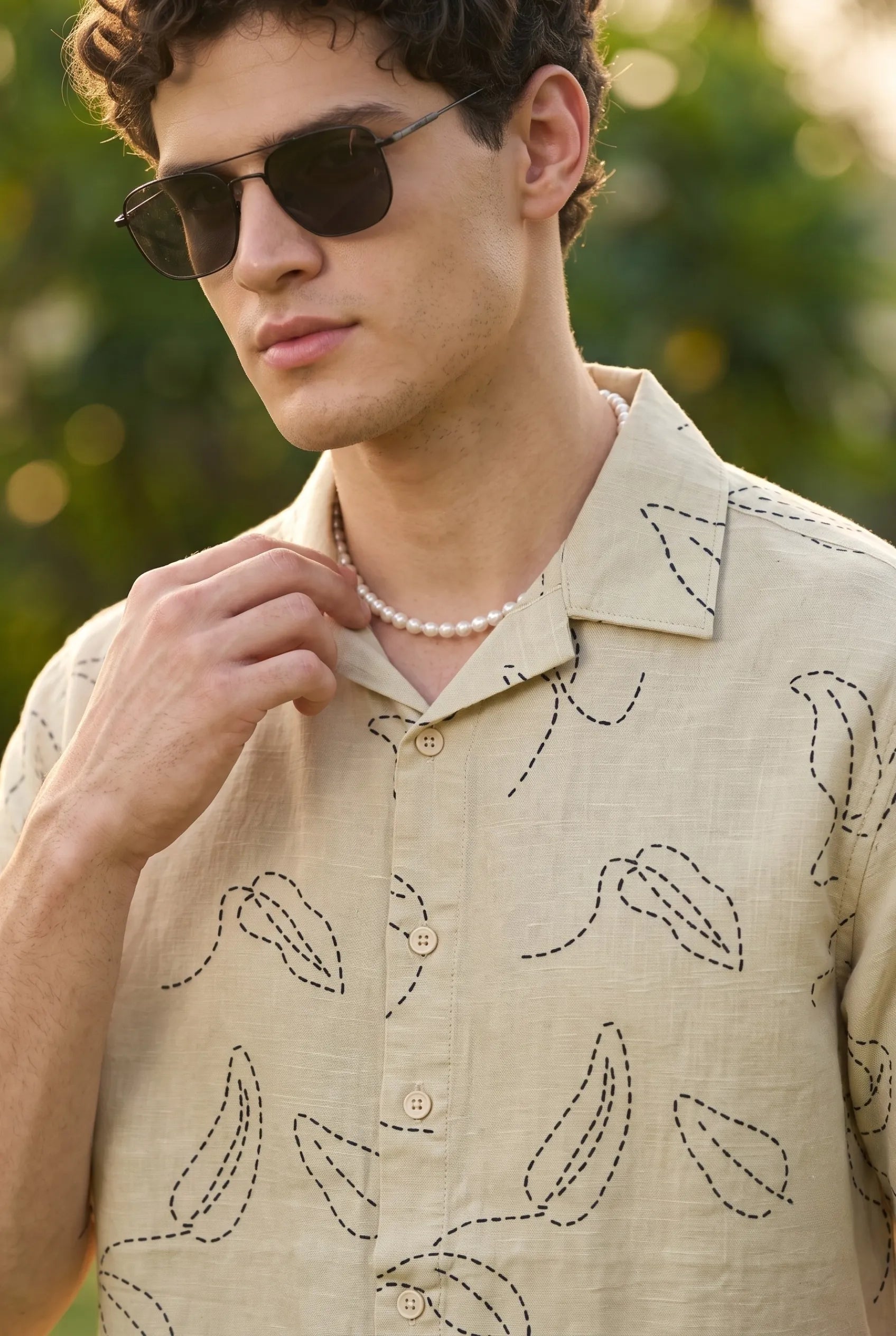 Color Hunt Men's Sand Beige Printed Casual Half Sleeve Shirt