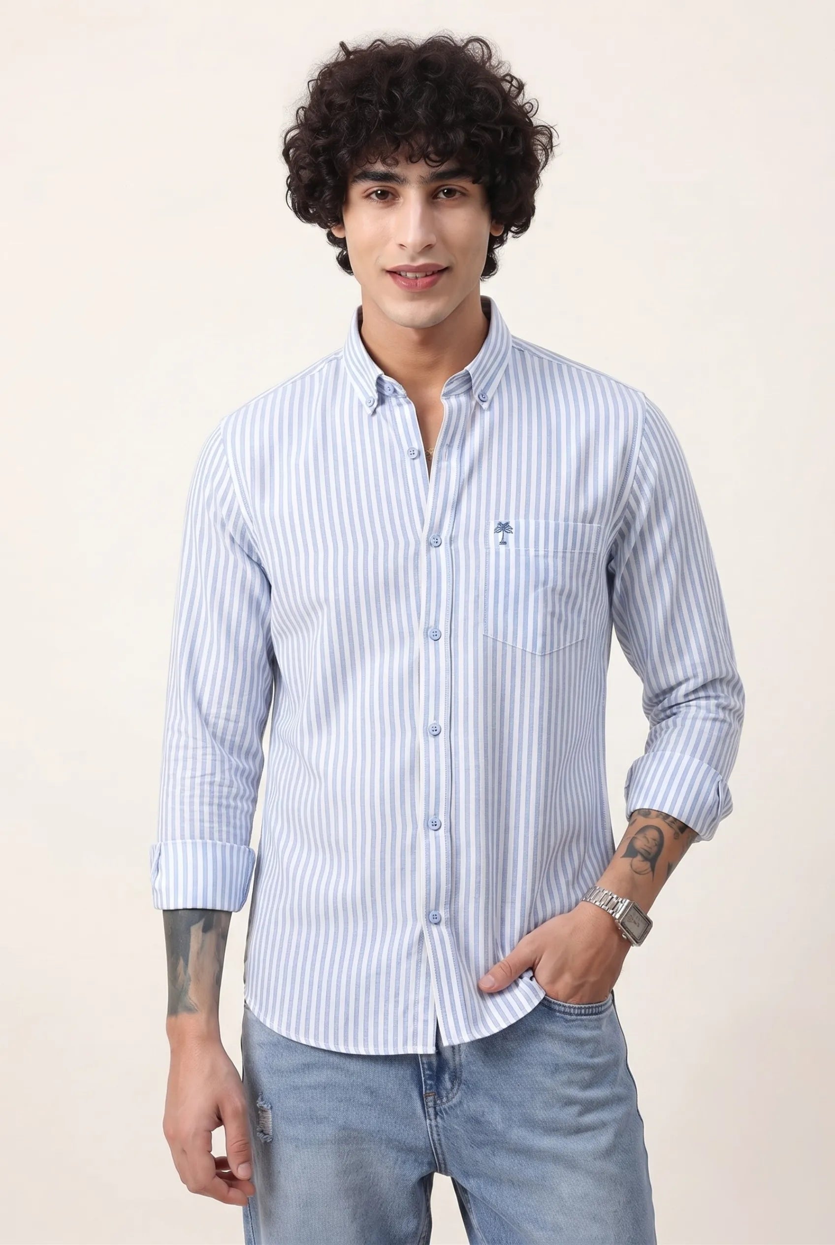  Color Hunt Men's Light Blue Striped Cotton Casual Shirt | Regular Fit Shirt