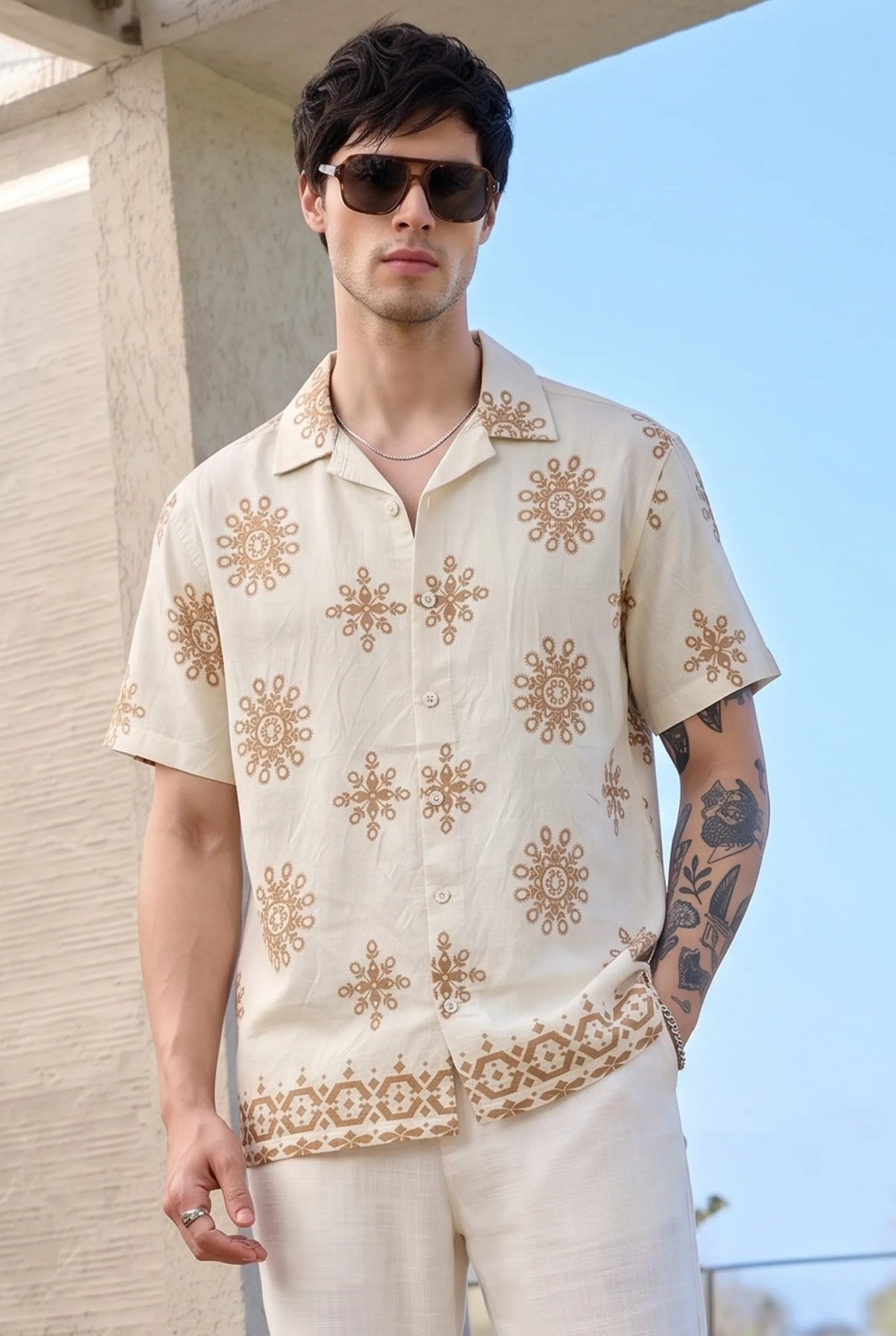 Color Hunt Men's Cream Brown Printed Casual Half Sleeve Shirt