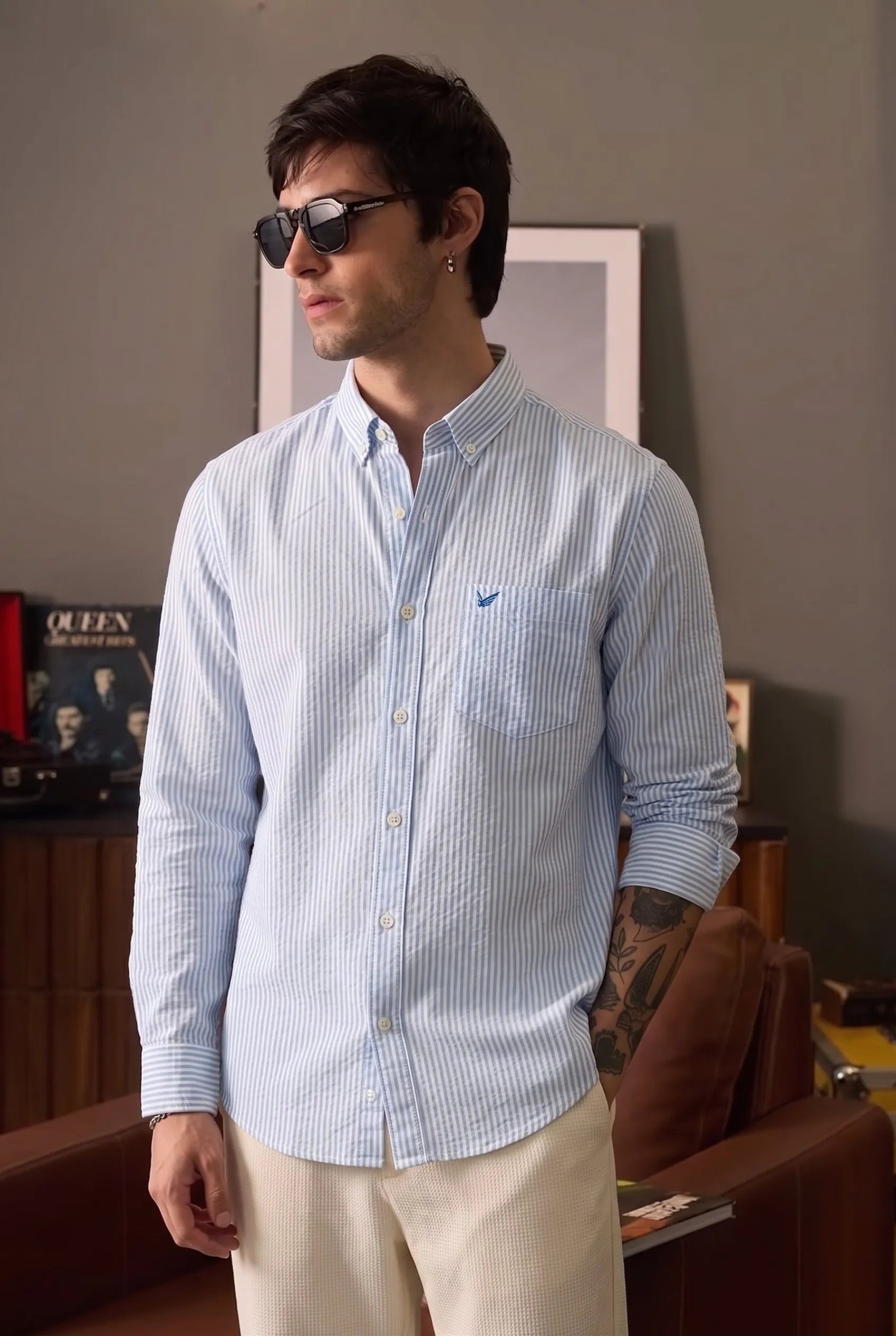 Color Hunt Men's Sky Blue Striped Cotton Casual Shirt