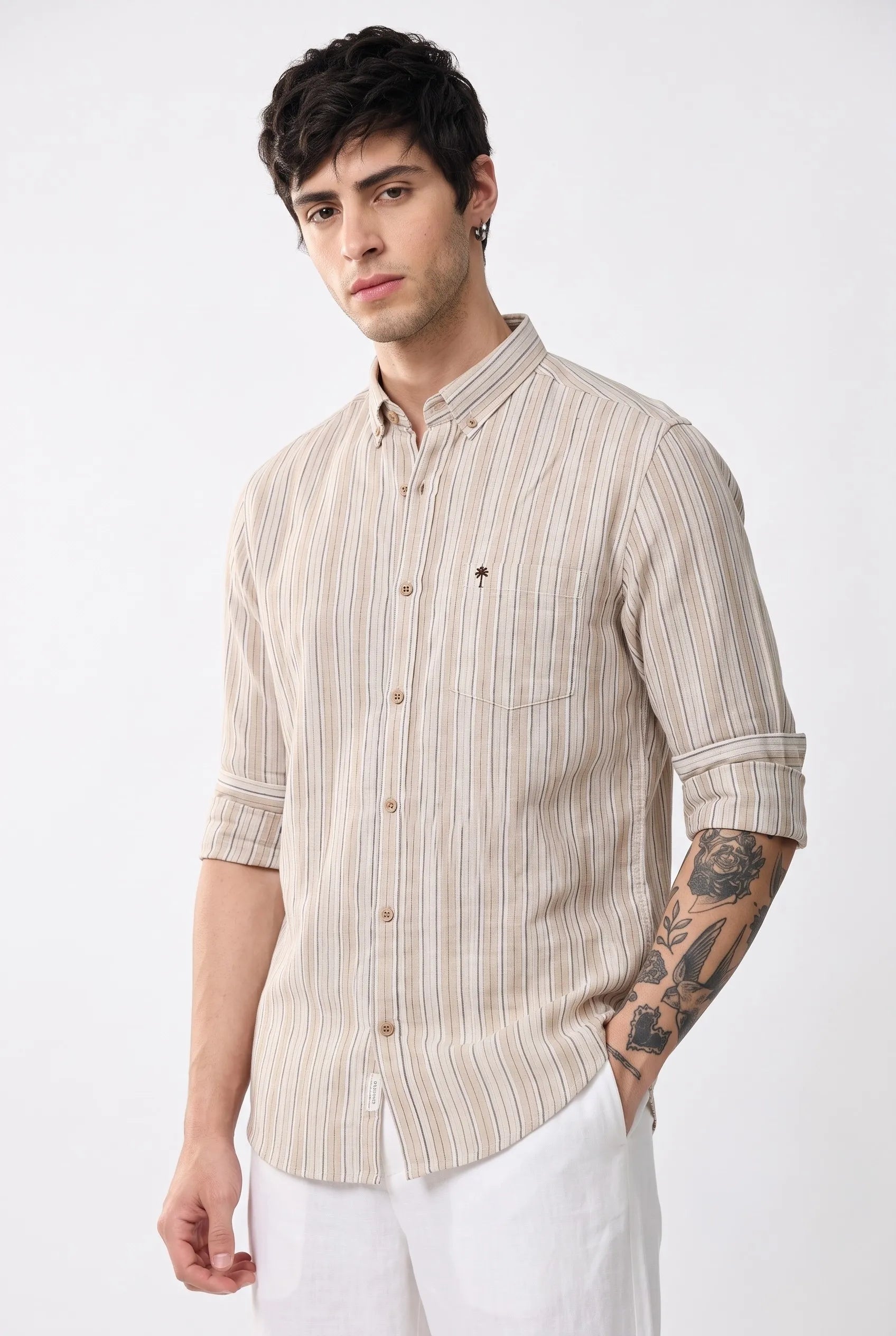 COLOR HUNT Men's Cream & Beige Vertical Stripe Shirt | Regular Fit Casual Wear