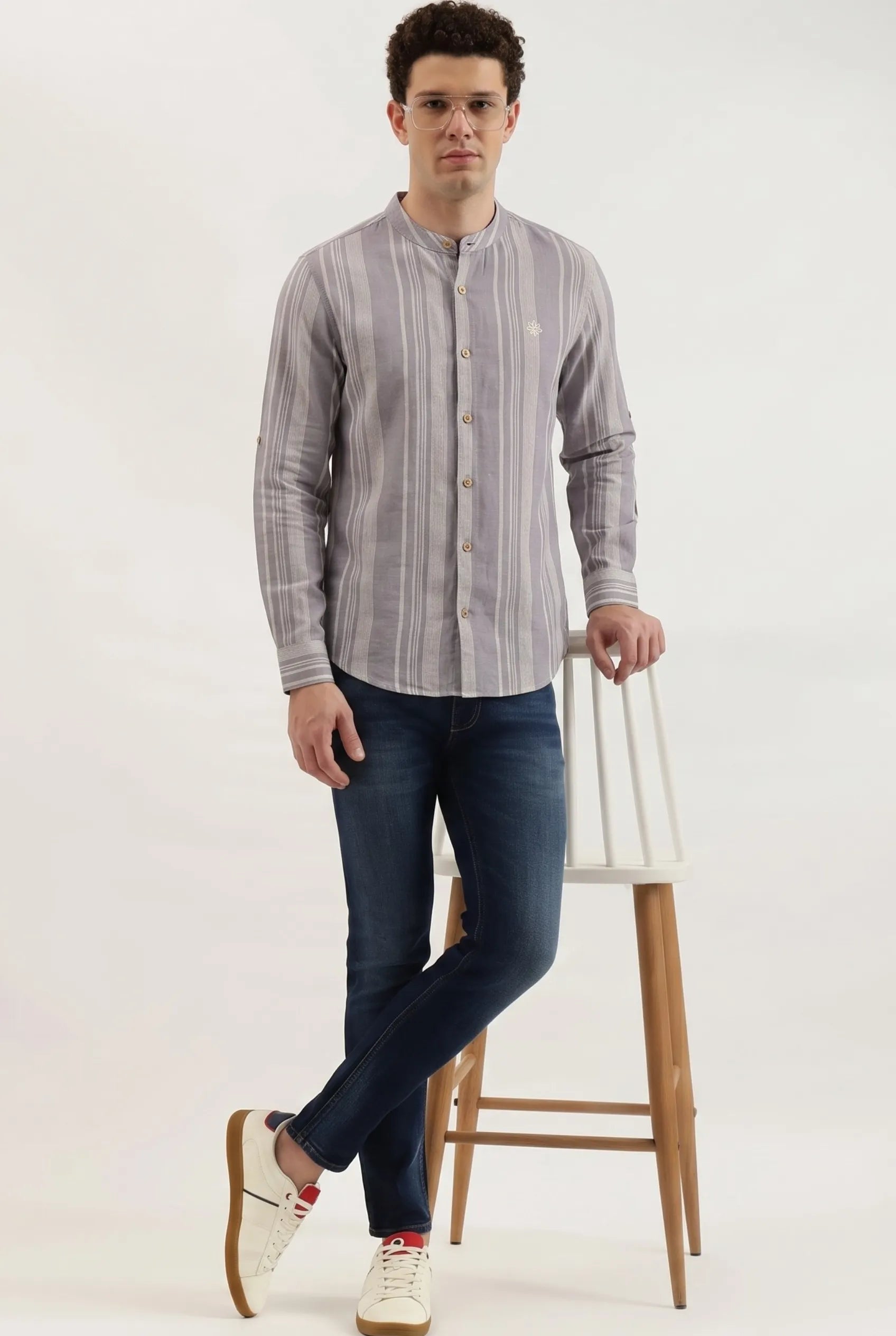 COLOR HUNT Men's Ash Grey Vertical Stripe Shirt | Full Sleeve Mandarin Collor