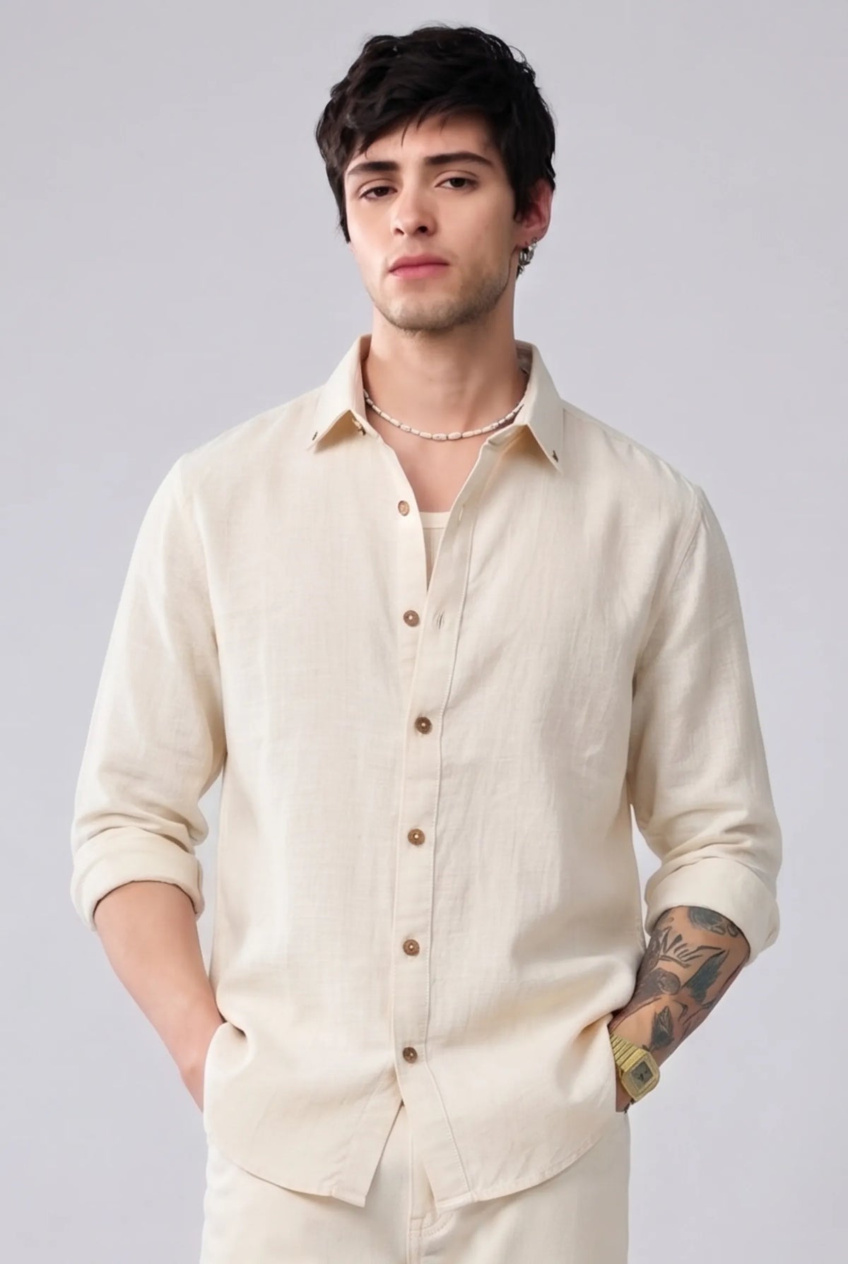Color Hunt Men's Regular Fit Solid Cream Casual Shirt