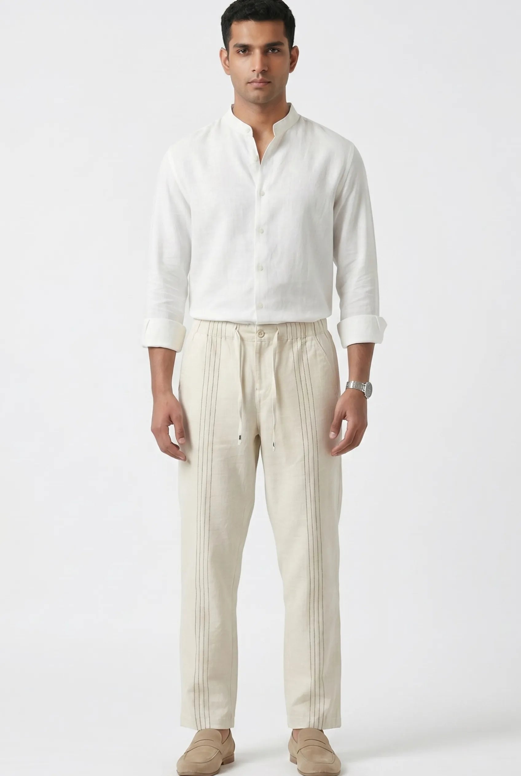 Color Hunt Men's Light Cream Pintuck Casual Trousers