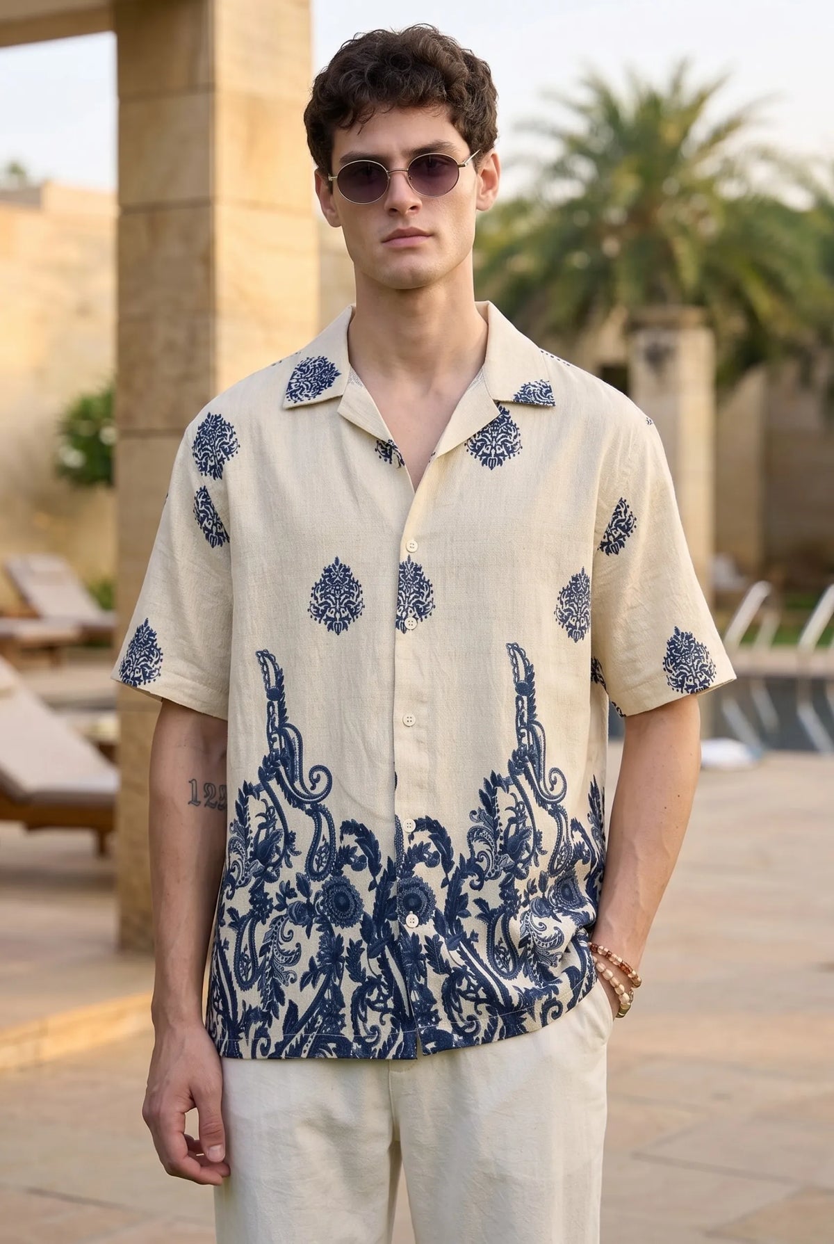 Color Hunt Men's Off White Navy Blue Printed Casual Half Sleeve Shirt