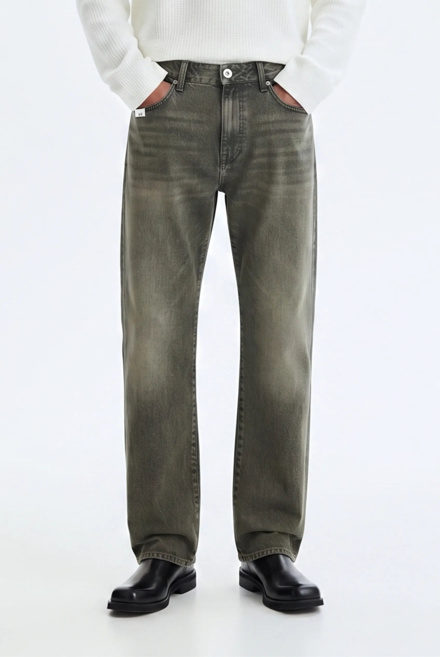 Color Hunt Men's Straight Fit Washed Olive Green Jeans