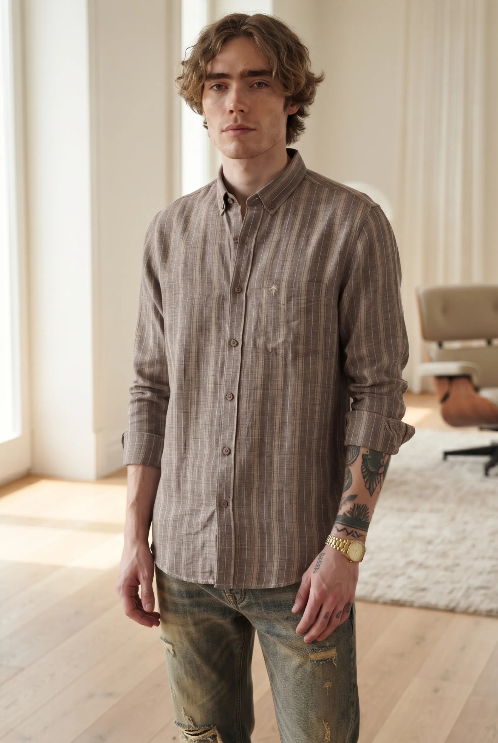 Color Hunt Men's Full Sleeve Brown Striped Cotton Shirt