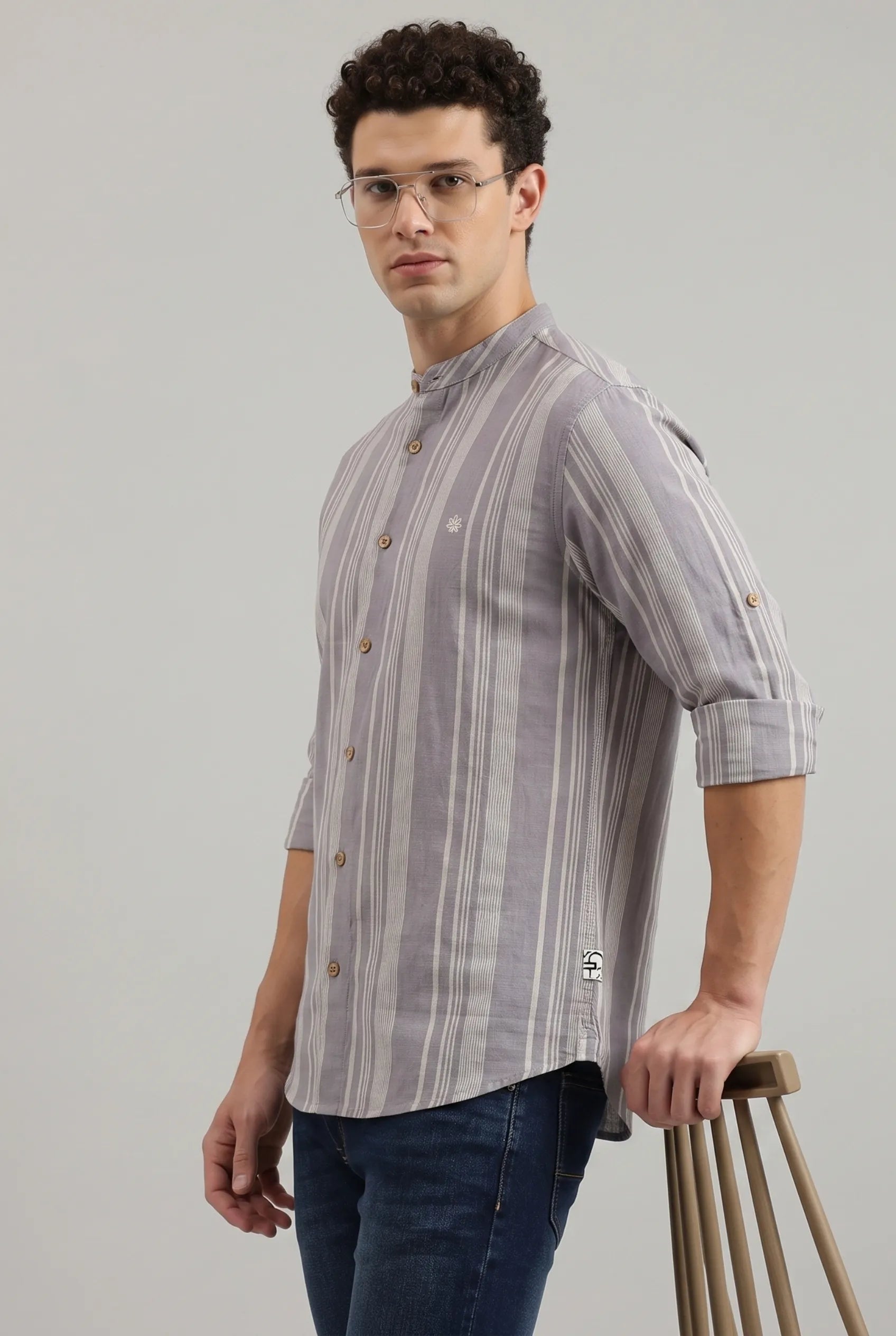 COLOR HUNT Men's Ash Grey Vertical Stripe Shirt | Full Sleeve Mandarin Collor
