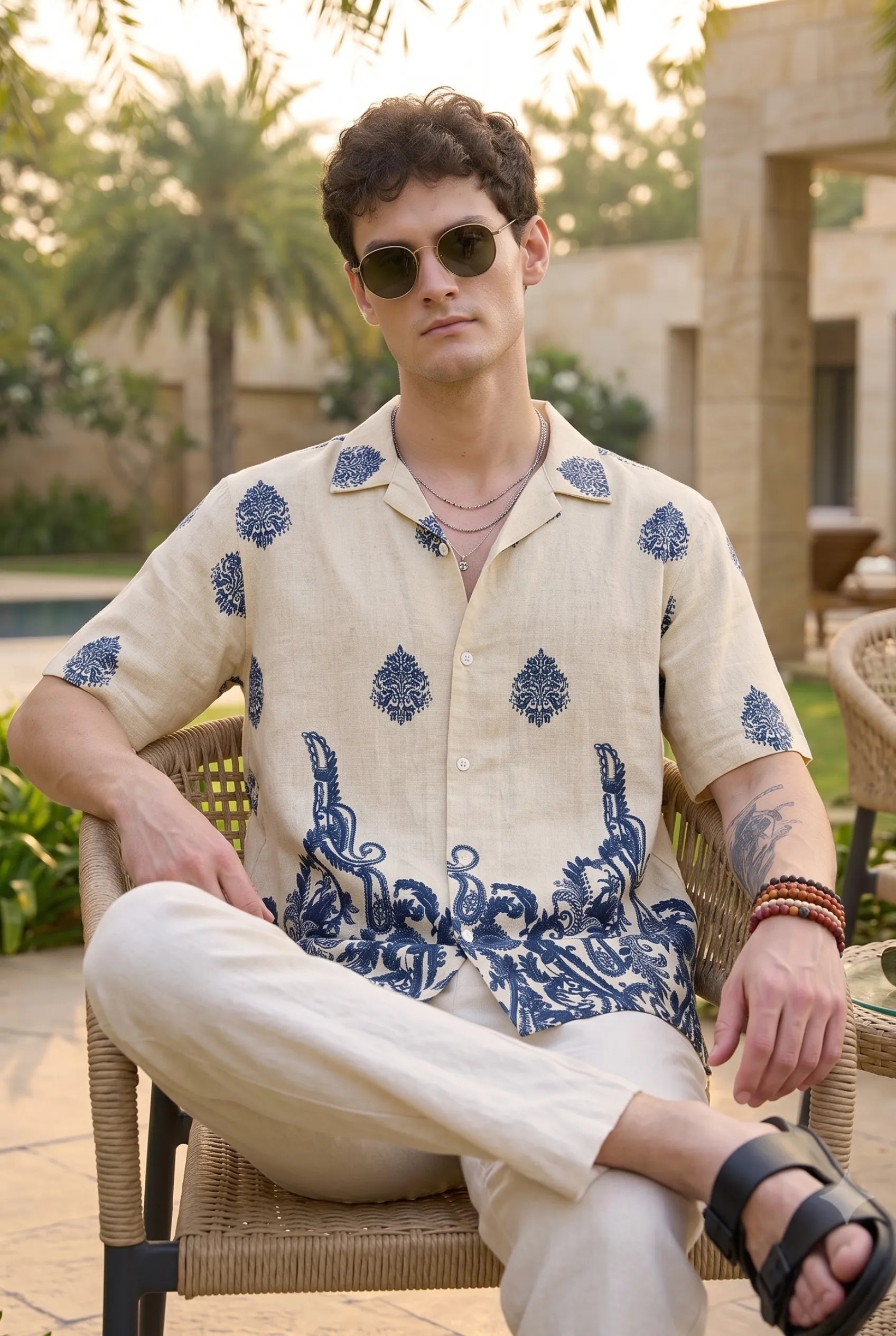 Color Hunt Men's Off White Navy Blue Printed Casual Half Sleeve Shirt