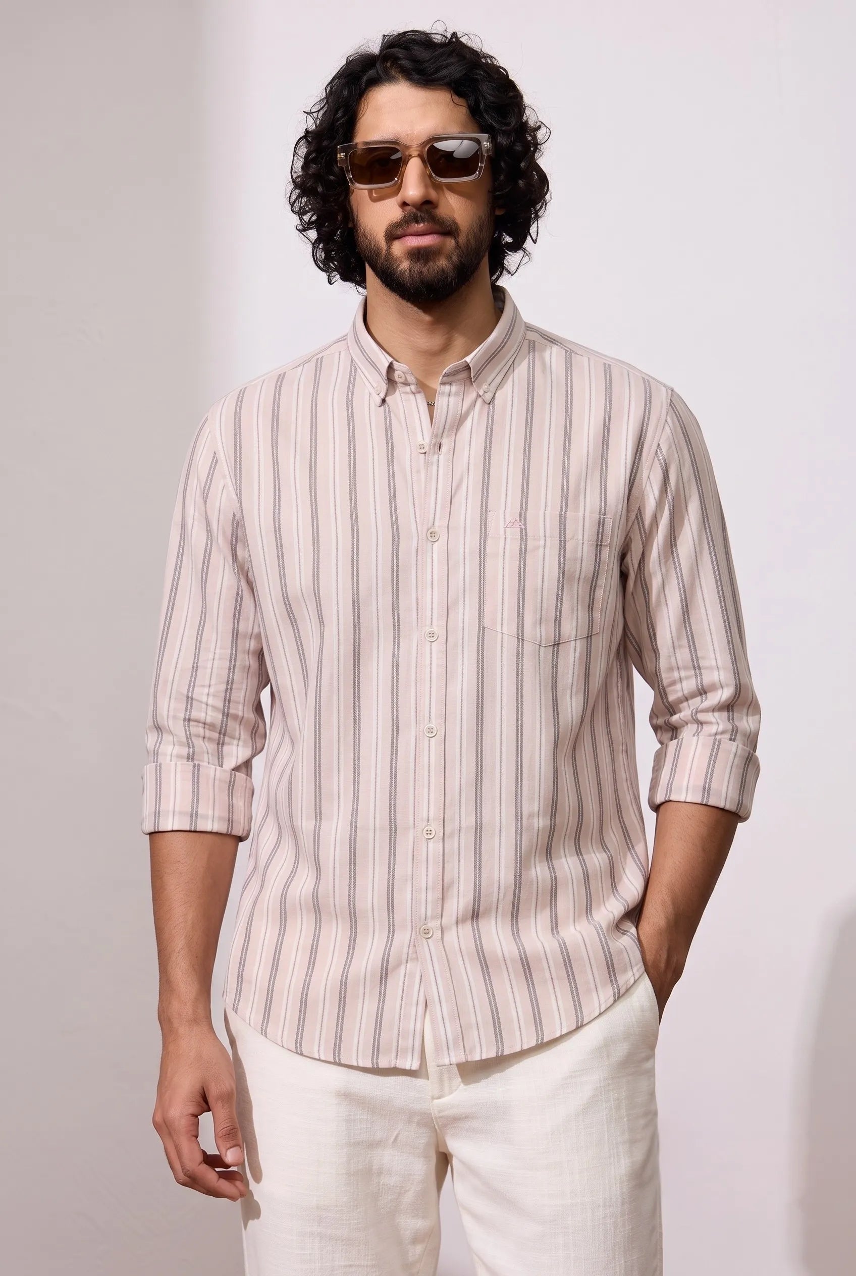 COLOR HUNT Men's Premium Beige Striped Casual Shirt | Full Sleeve Regular Fit
