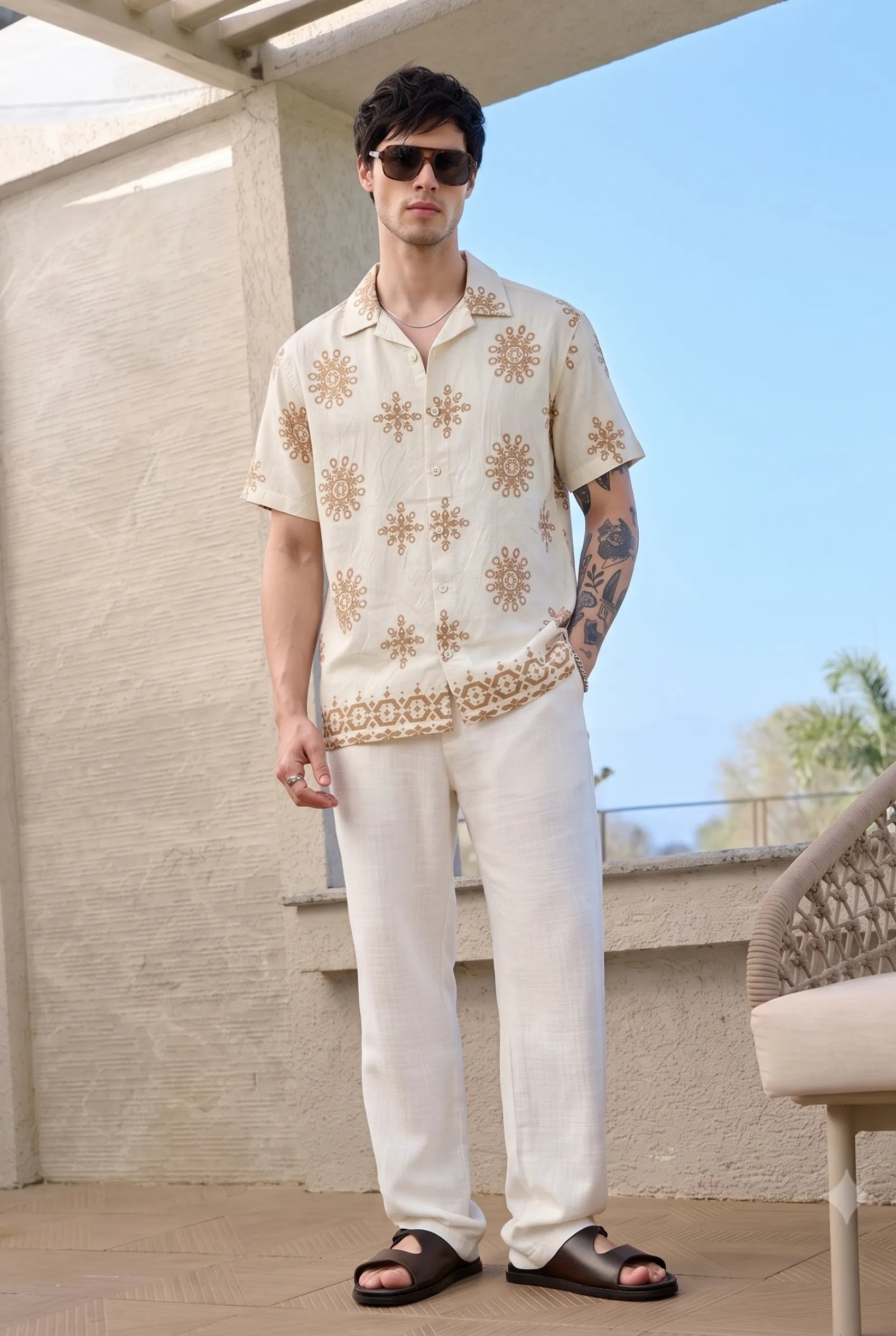 Color Hunt Men's Cream Brown Printed Casual Half Sleeve Shirt