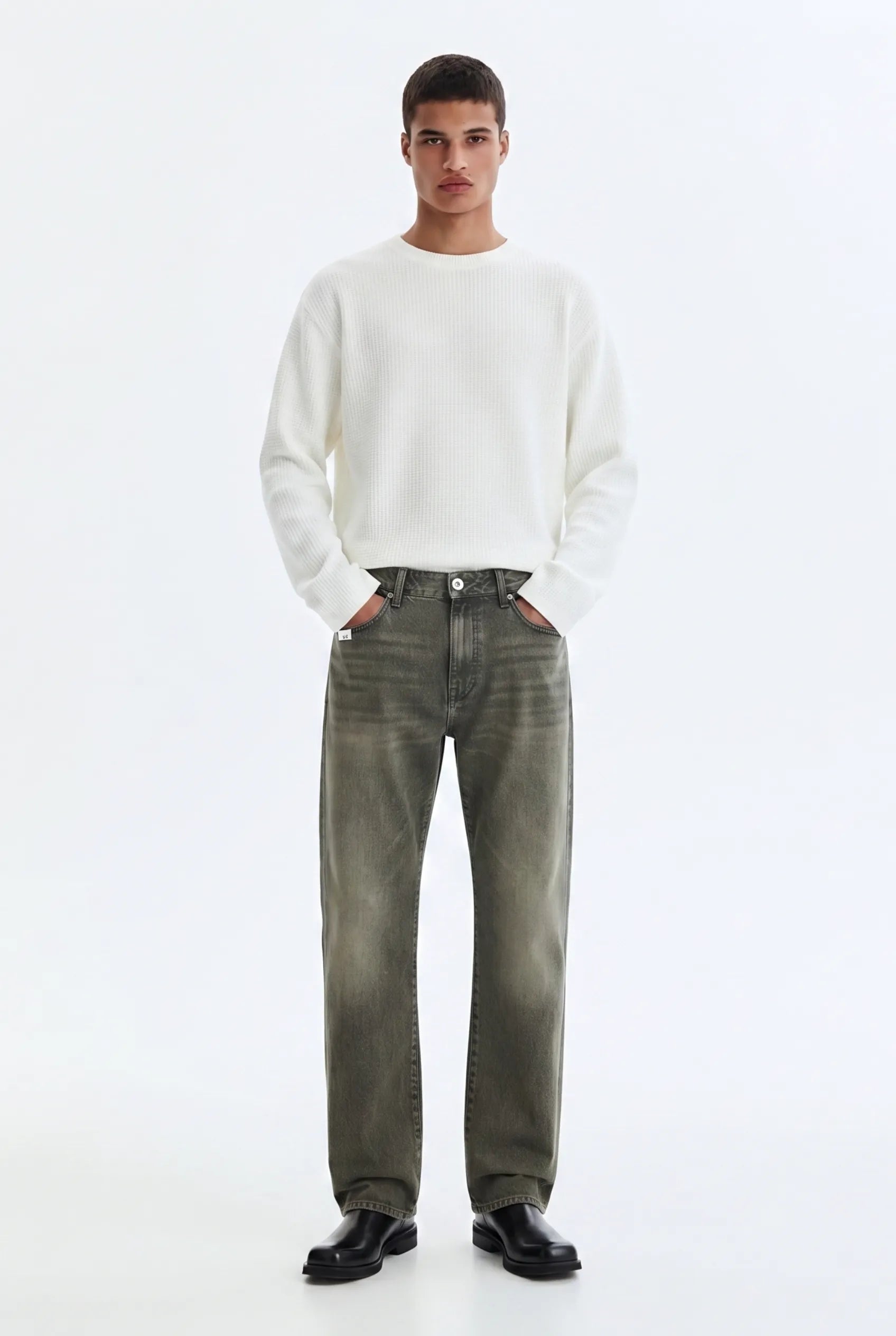 Color Hunt Men's Straight Fit Washed Olive Green Jeans