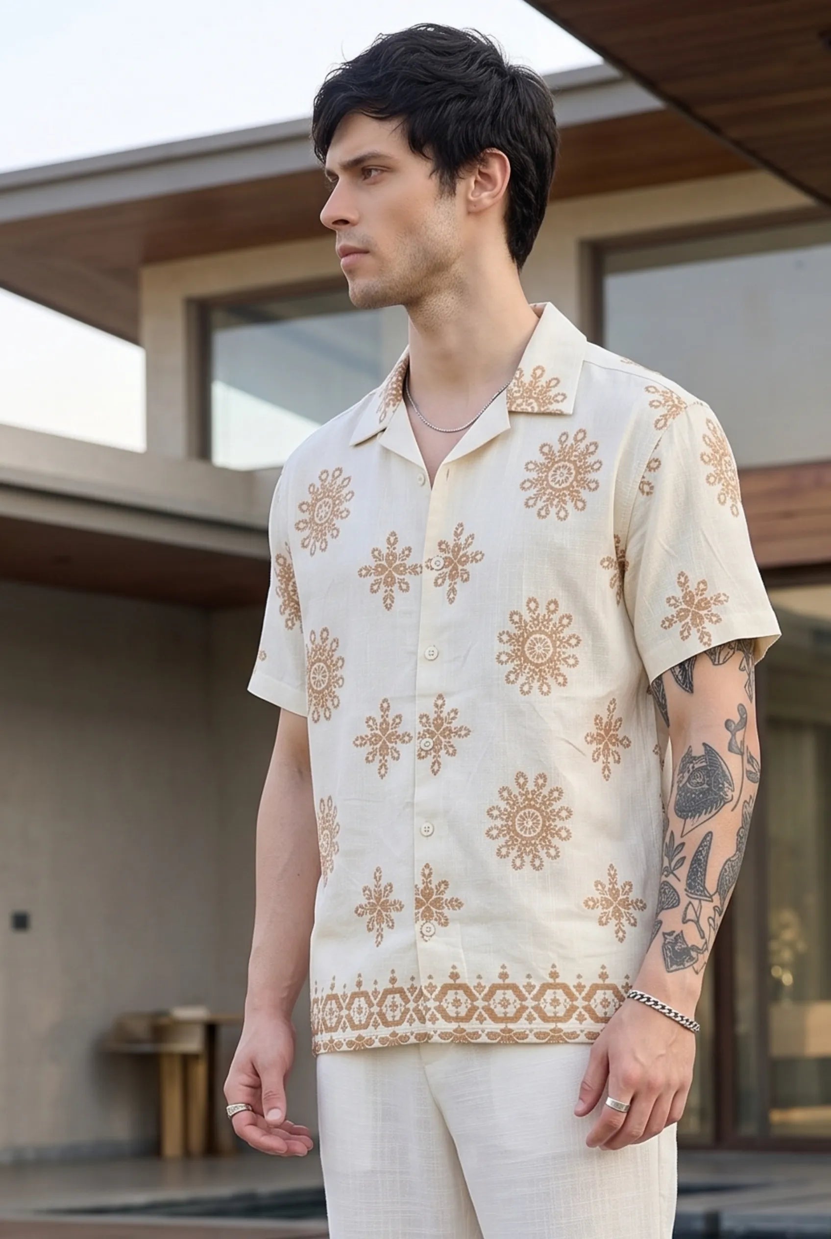 Color Hunt Men's Cream Brown Printed Casual Half Sleeve Shirt
