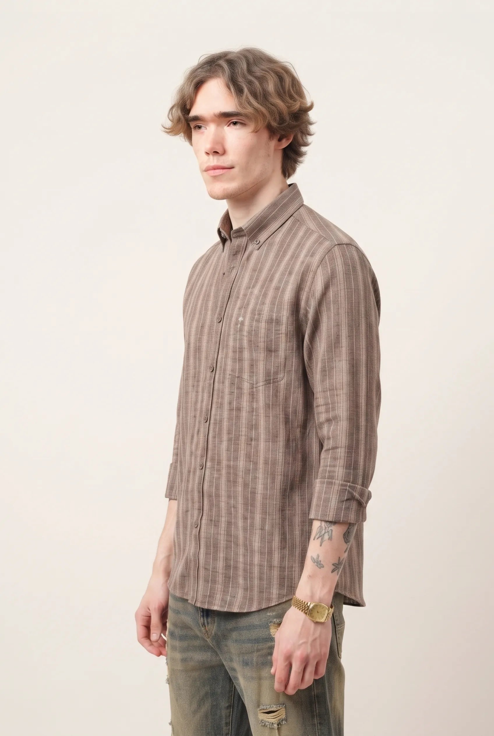 Color Hunt Men's Full Sleeve Brown Striped Cotton Shirt