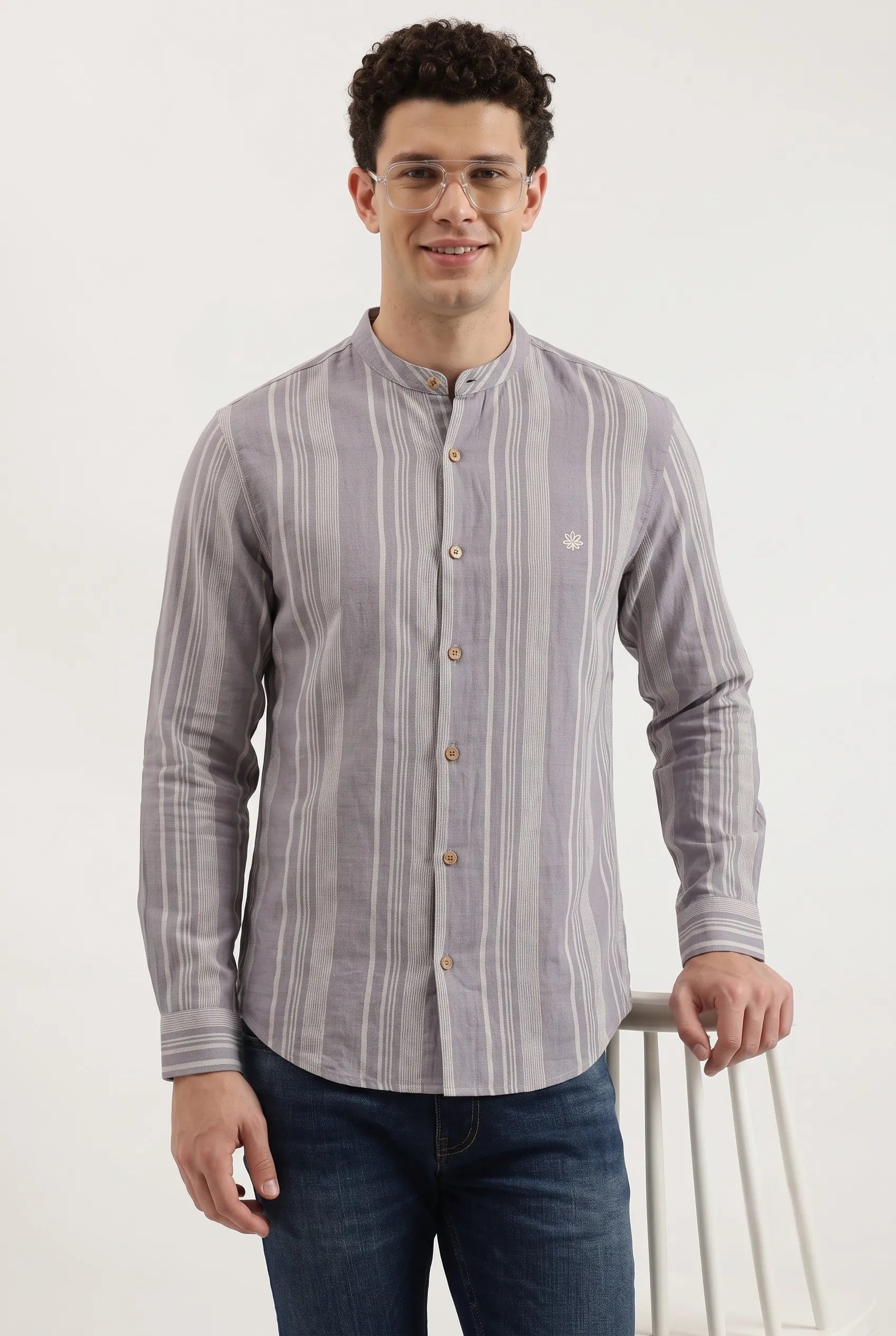 COLOR HUNT Men's Ash Grey Vertical Stripe Shirt | Full Sleeve Mandarin Collor