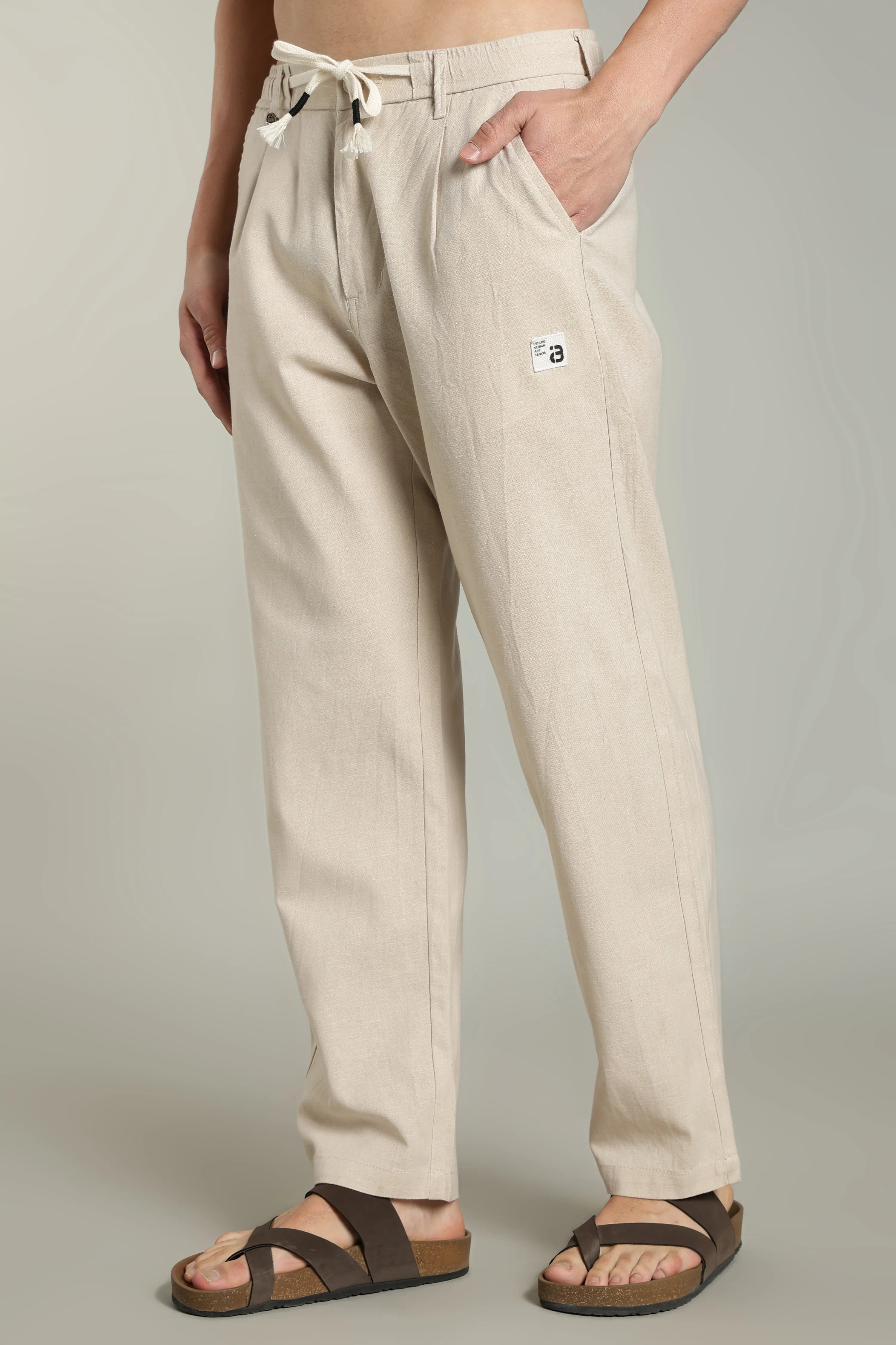 Color Hunt Straight Fit Men Cream Trousers
