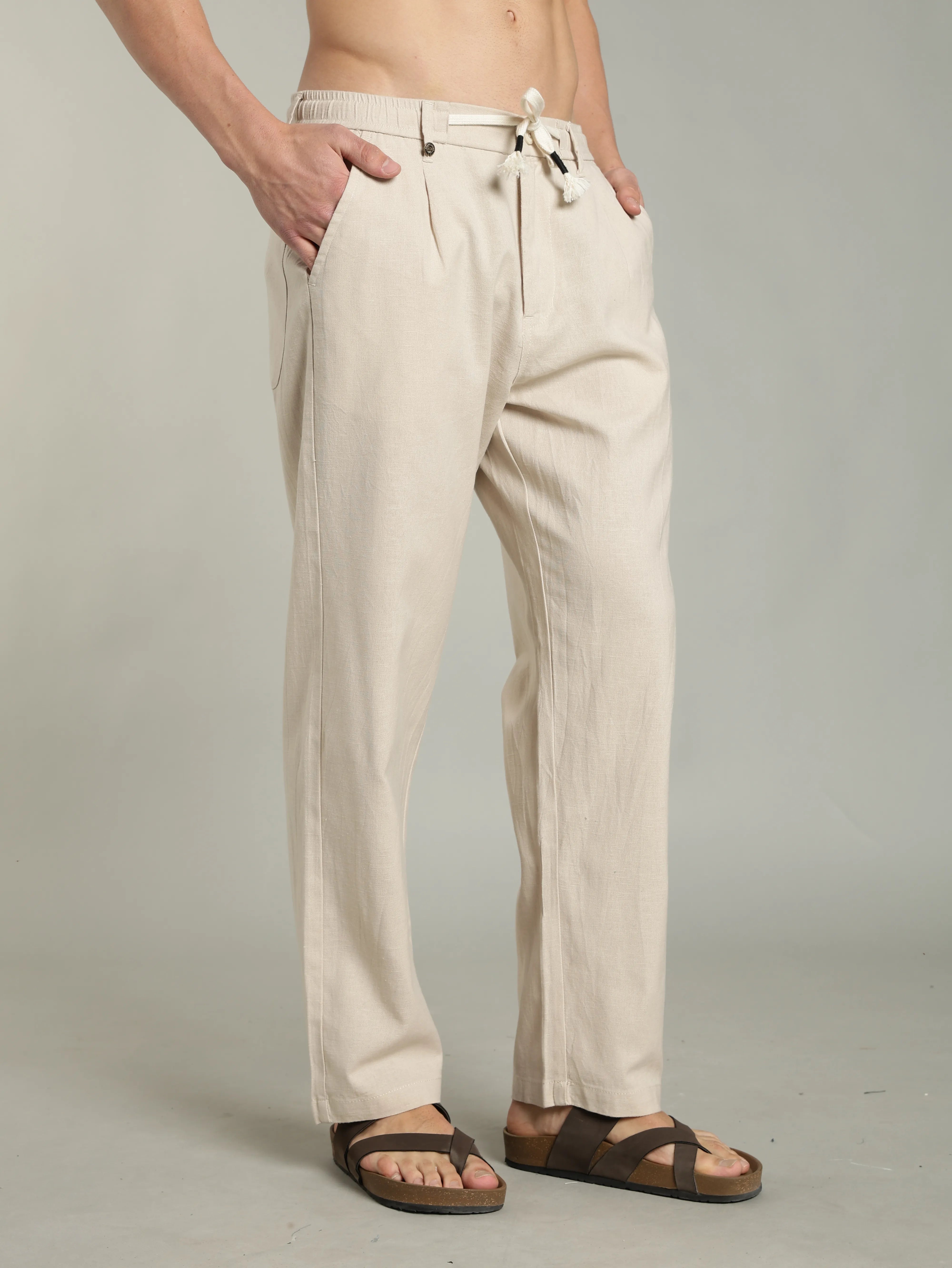 Color Hunt Straight Fit Men Cream Trousers