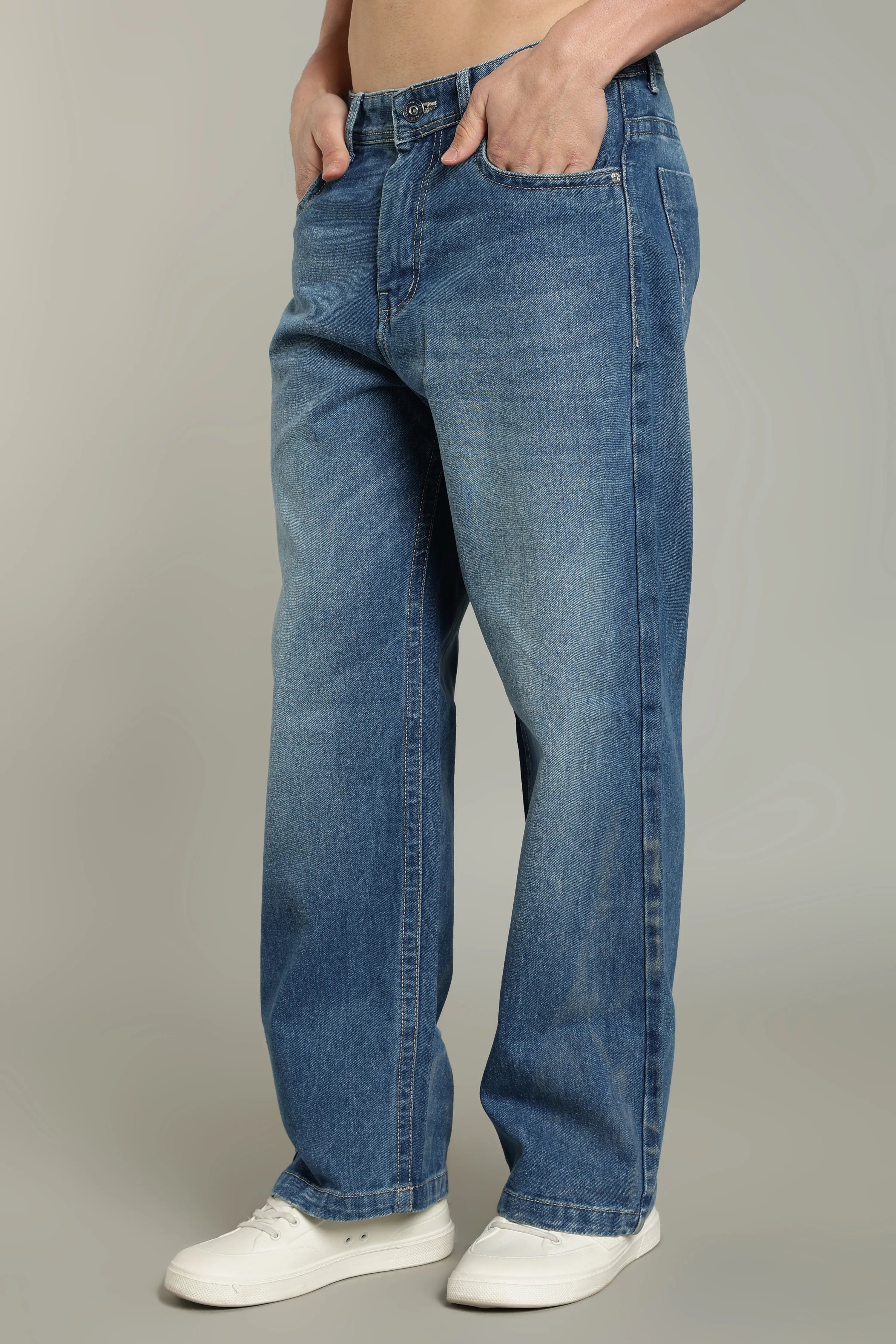 Color Hunt Men's Mid-Wash Baggy Fit Denim Jeans