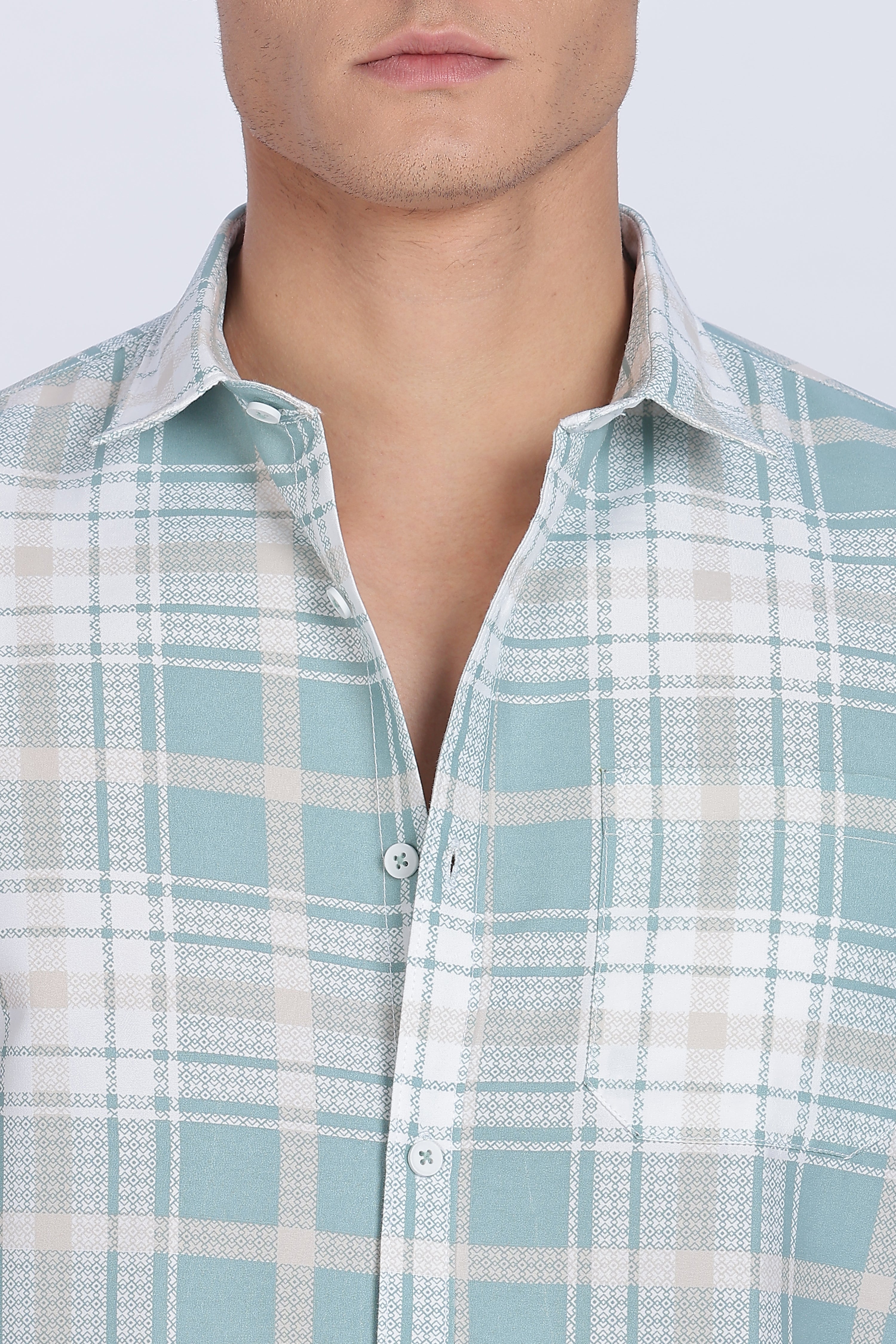 Color Hunt Men's White & Cyan Full Sleeve Cotton Checks Shirt