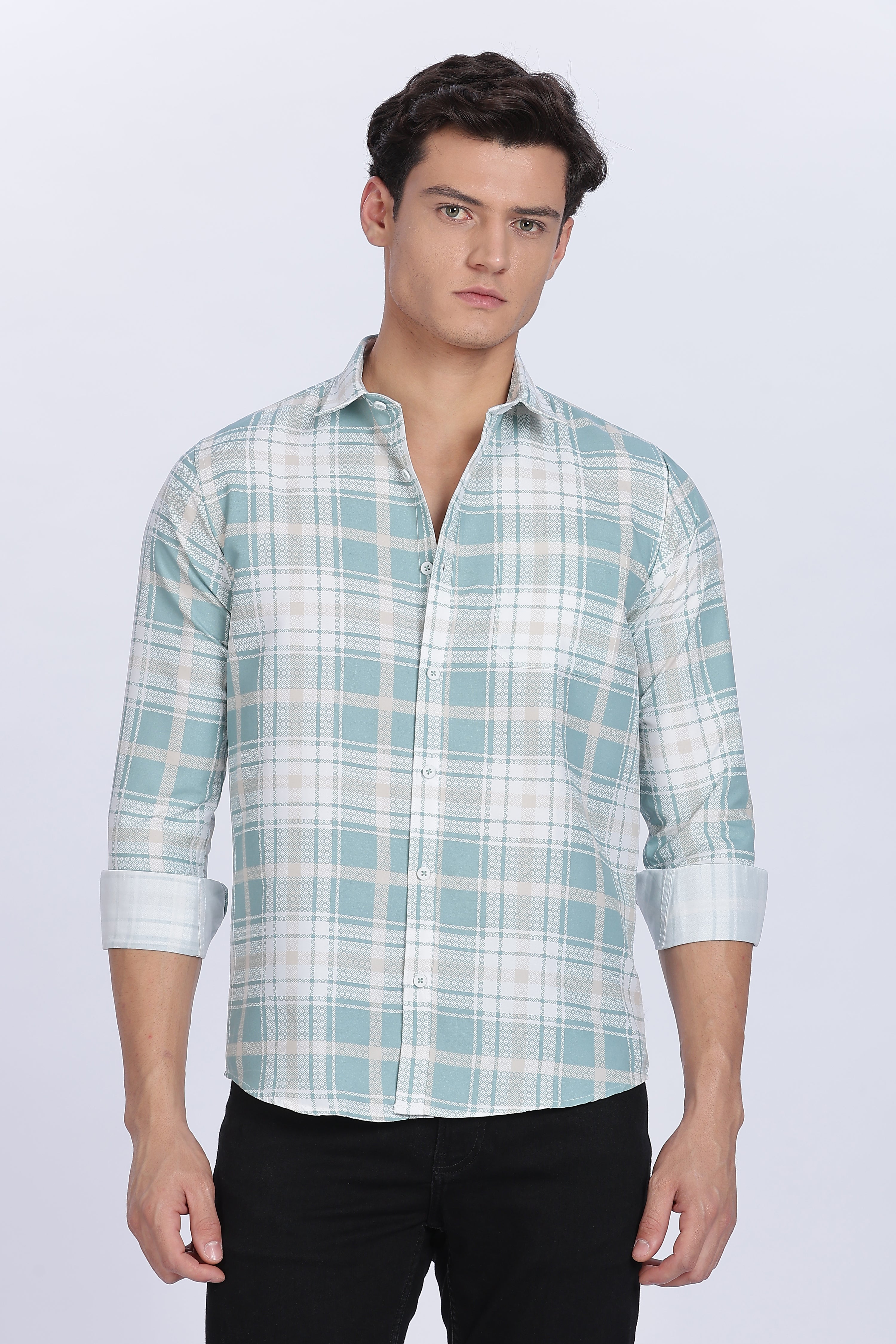 Color Hunt Men's White & Cyan Full Sleeve Cotton Checks Shirt