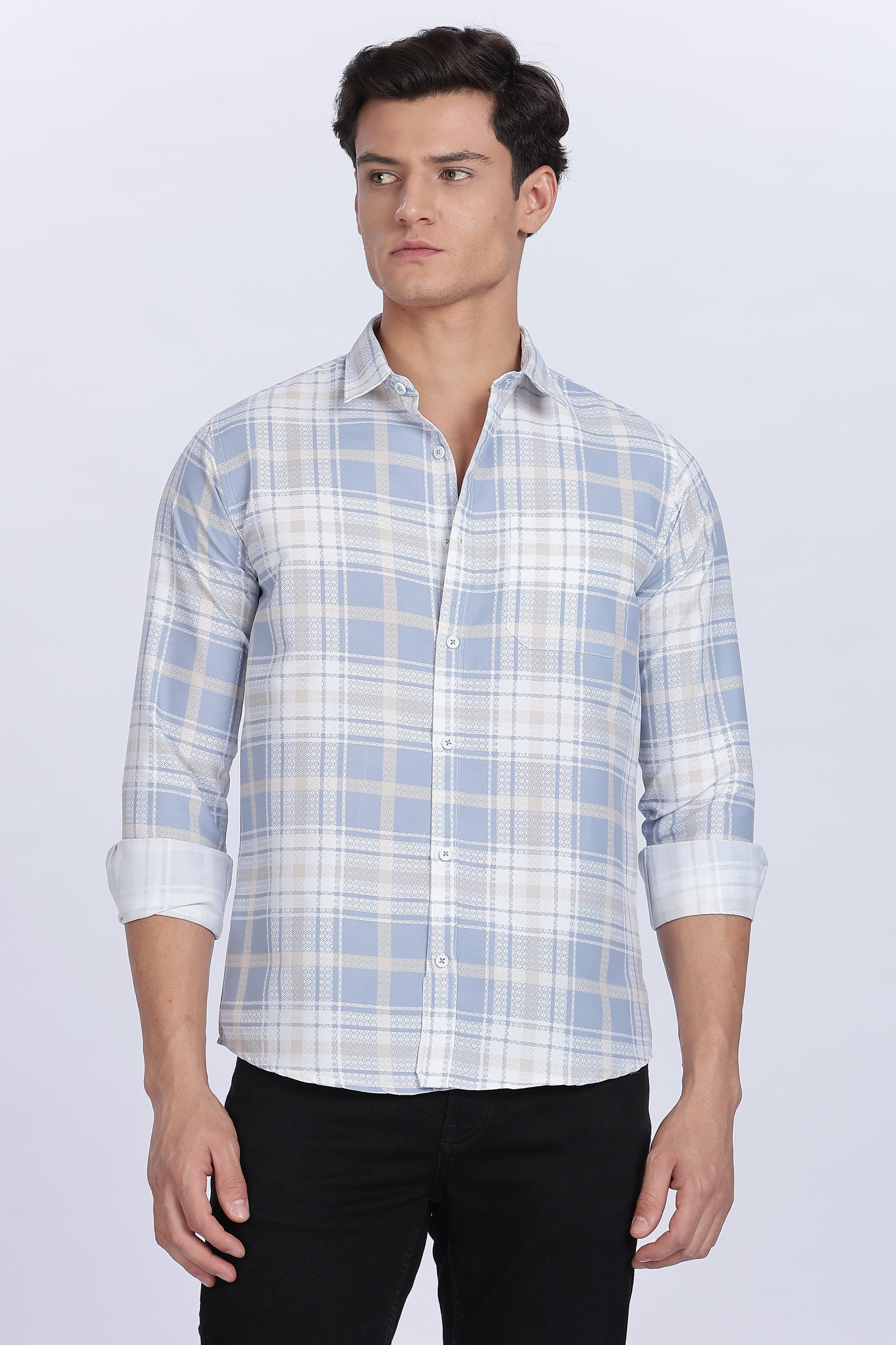Color Hunt Men's White & Blue Checked Full Sleeve Cotton Shirt