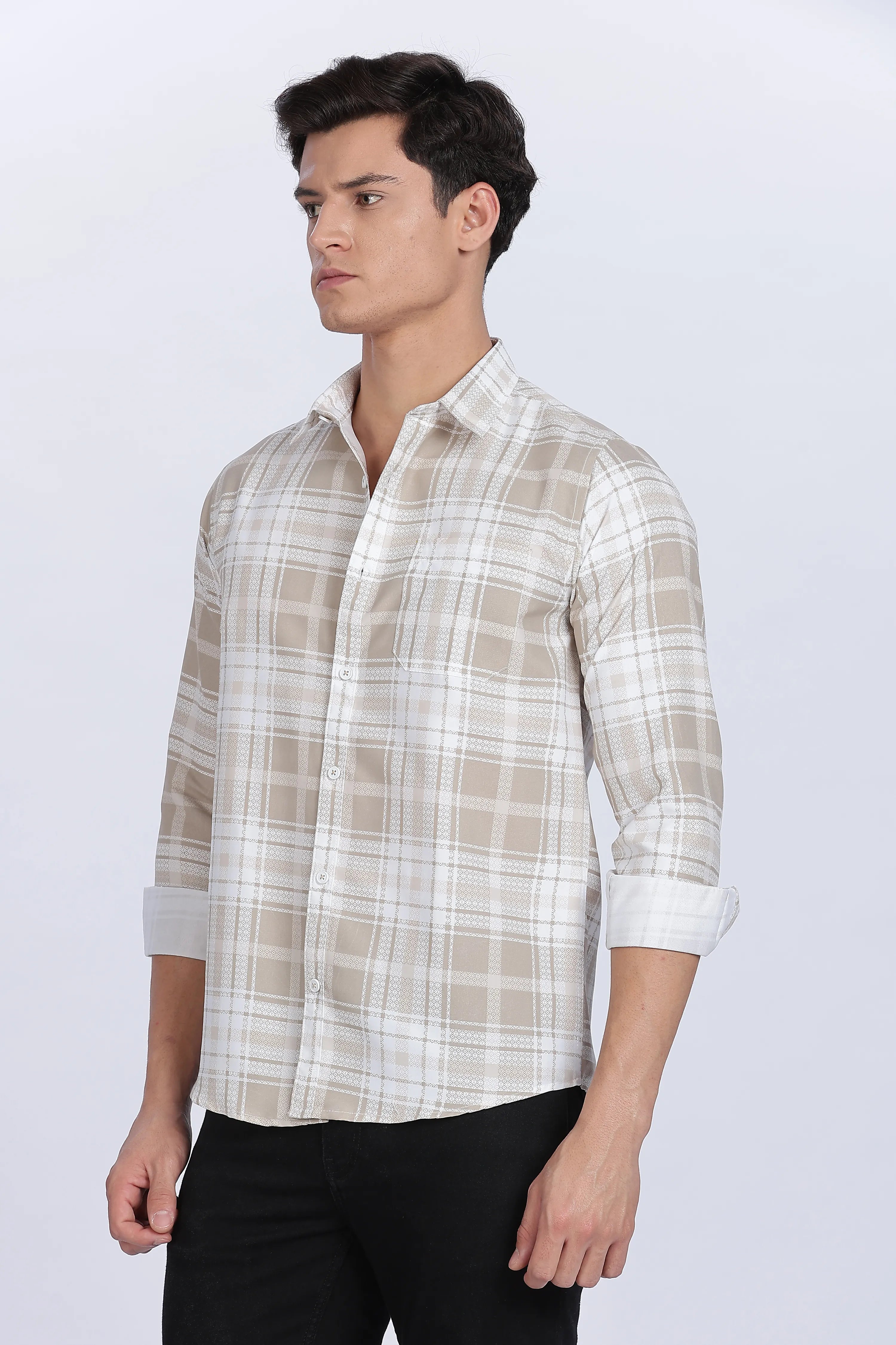 Color Hunt Men's White & Brown Checked Full Sleeve Cotton Shirt