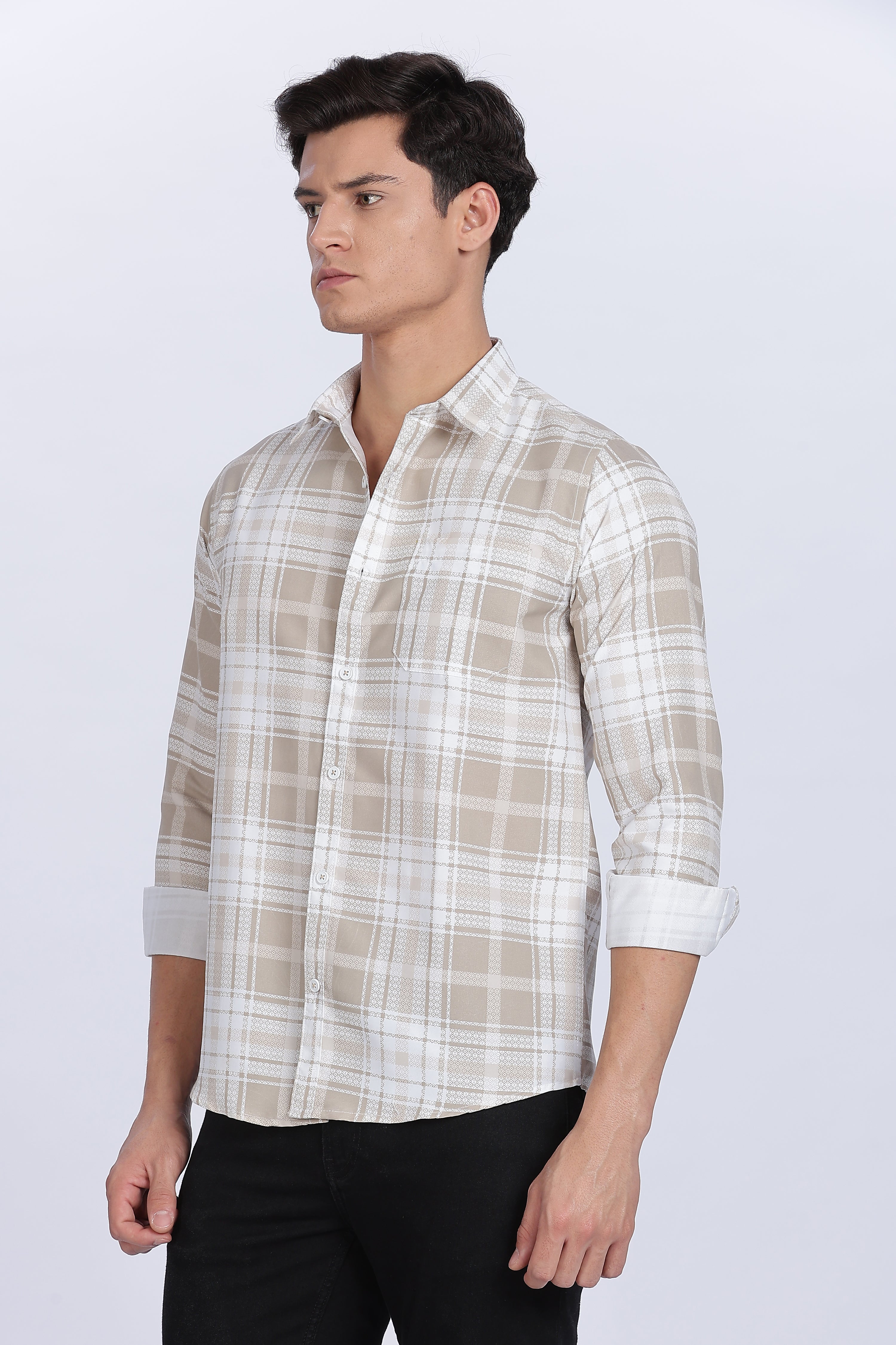Color Hunt Men's White & Brown Checked Full Sleeve Cotton Shirt