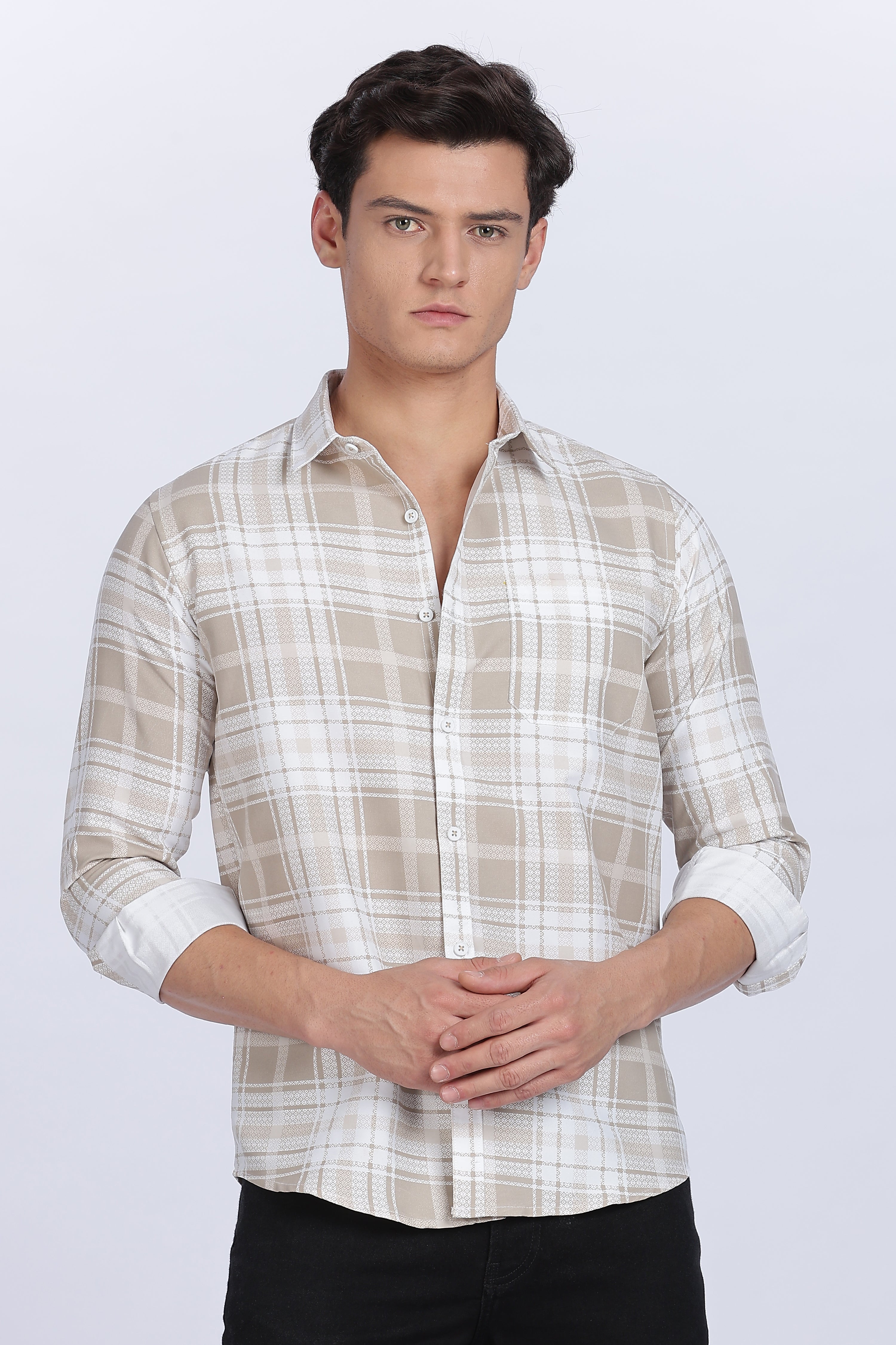 Color Hunt Men's White & Brown Checked Full Sleeve Cotton Shirt
