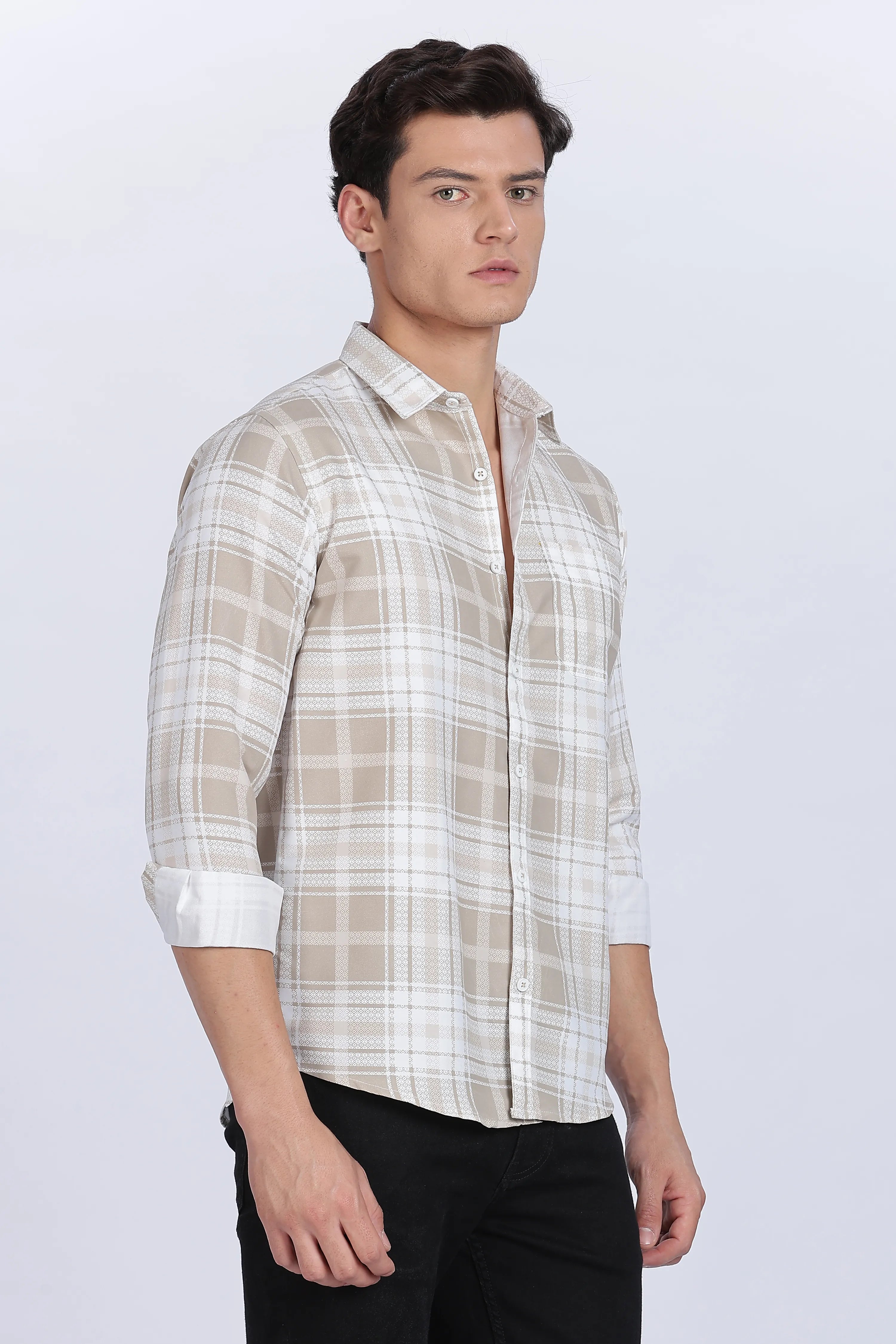 Color Hunt Men's White & Brown Checked Full Sleeve Cotton Shirt