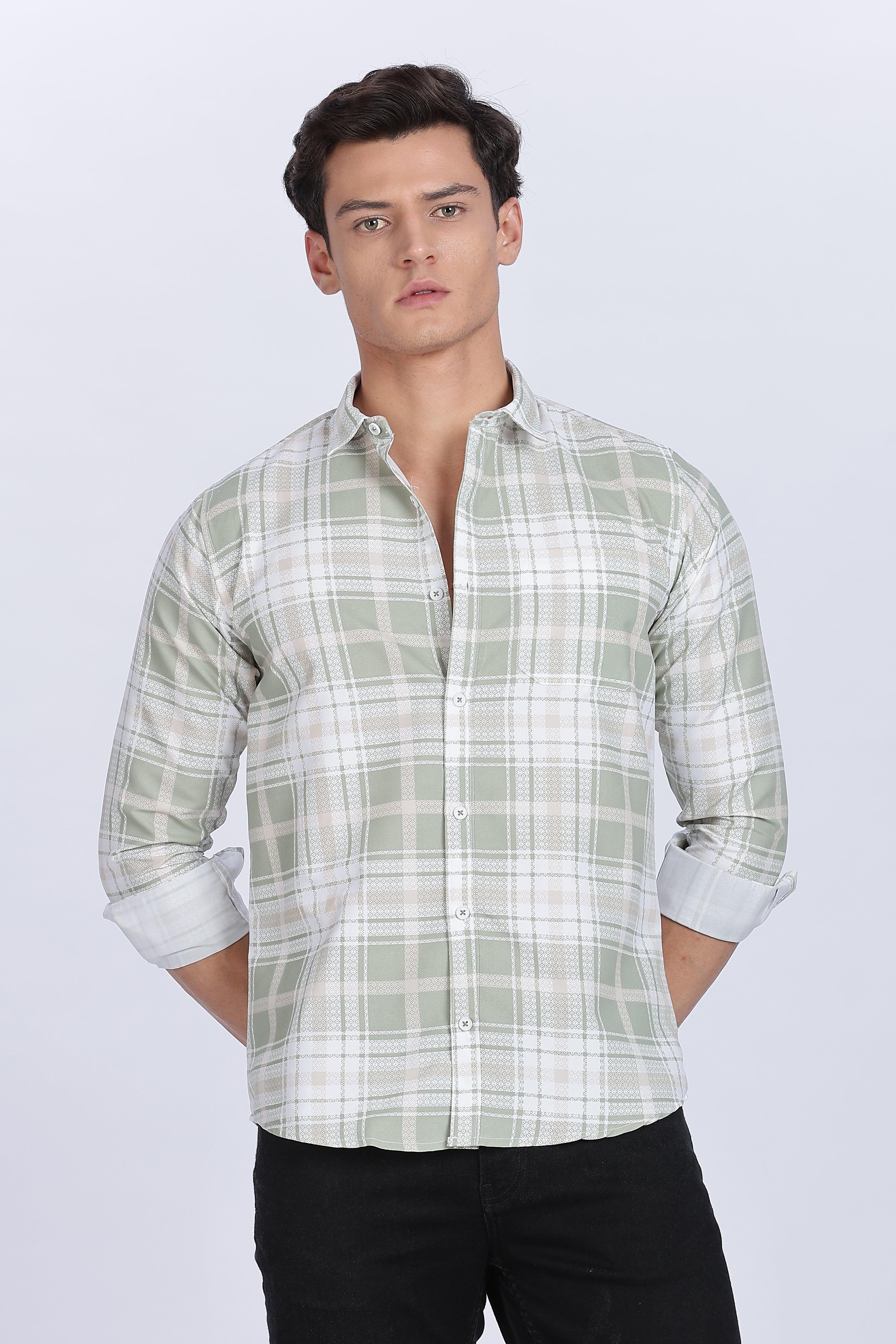 Color Hunt Men's White & Green Full Sleeve Cotton Checkered Shirt