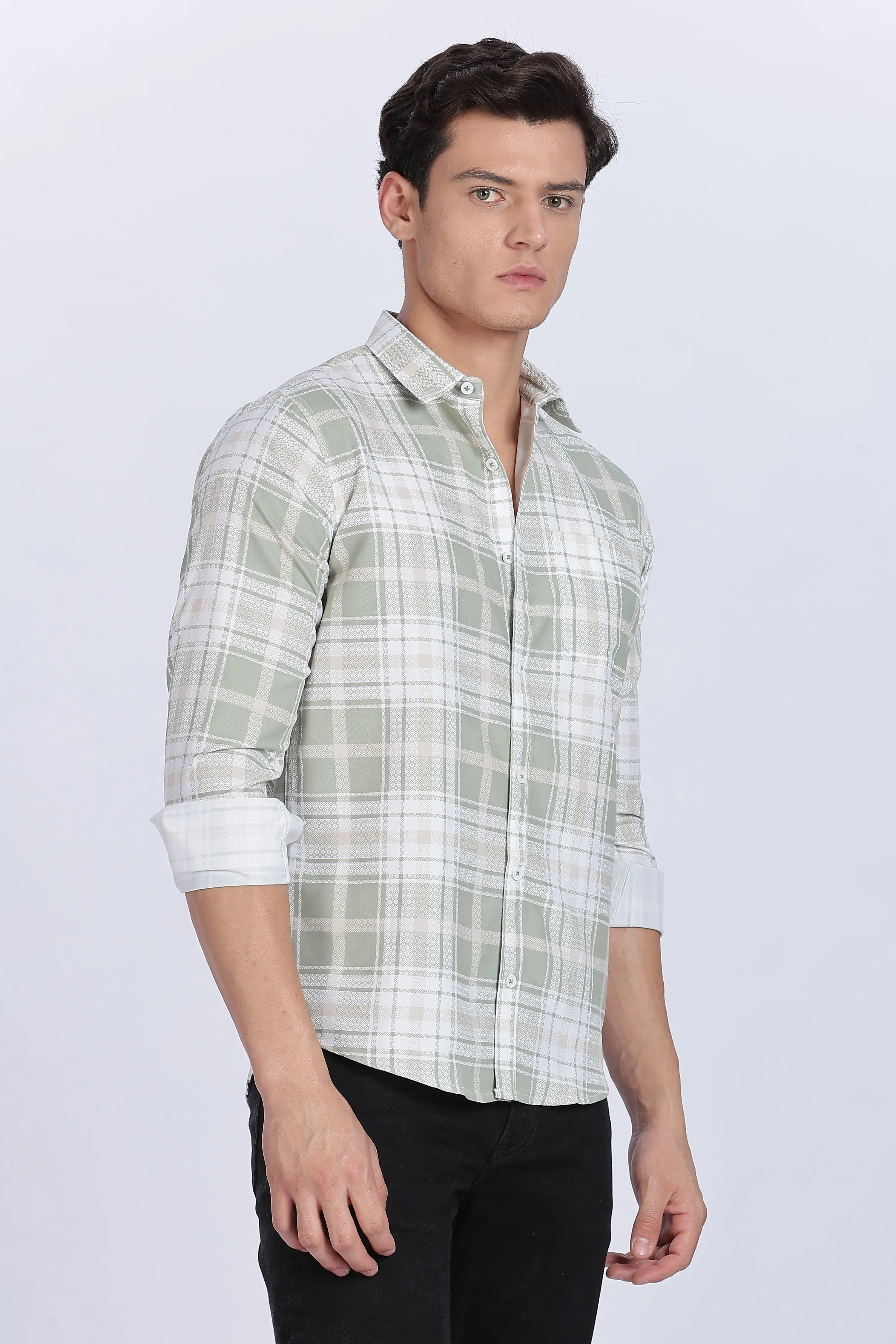 Color Hunt Men's White & Green Full Sleeve Cotton Checkered Shirt