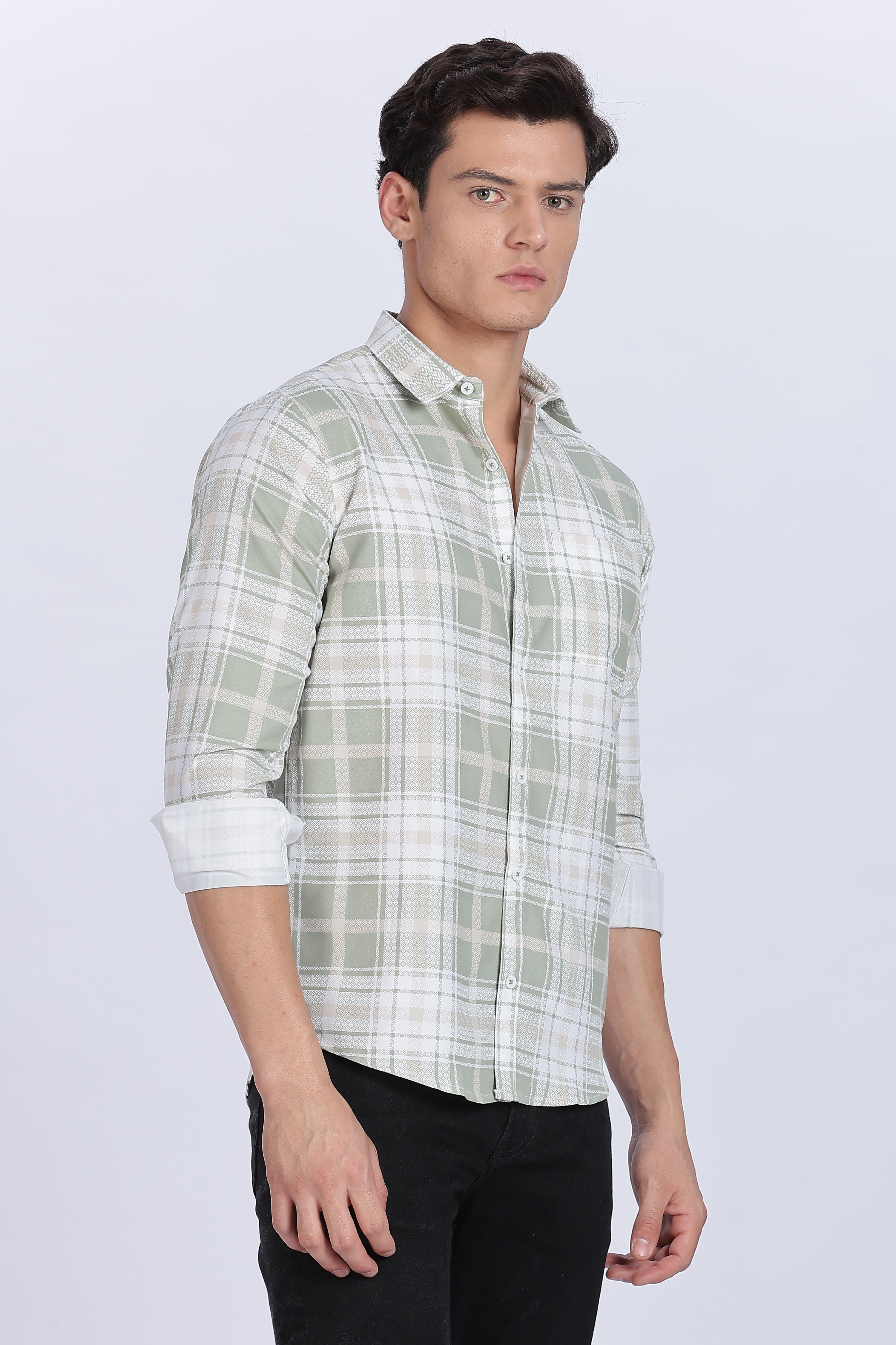 Color Hunt Men's White & Green Full Sleeve Cotton Checkered Shirt