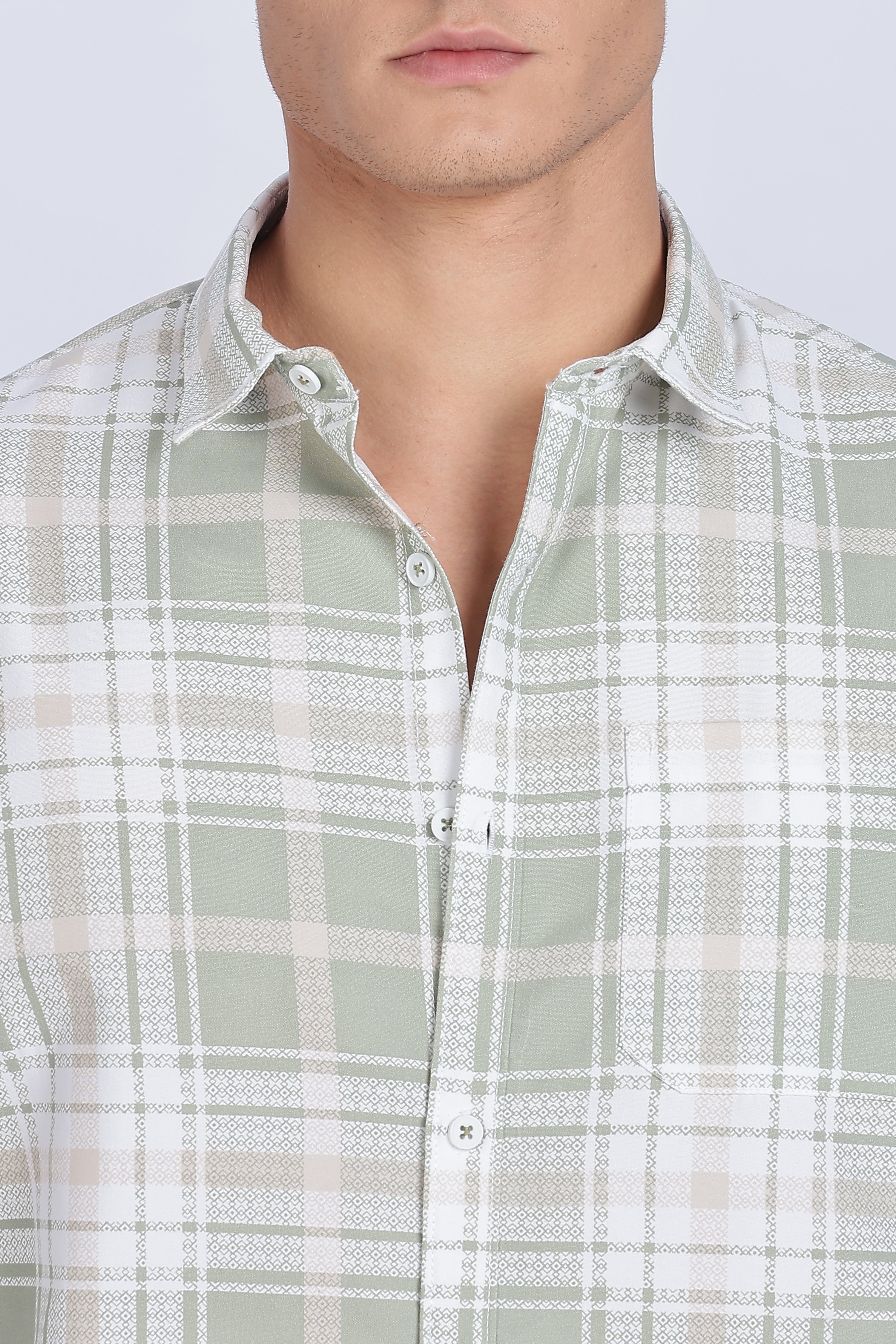 Color Hunt Men's White & Green Full Sleeve Cotton Checkered Shirt
