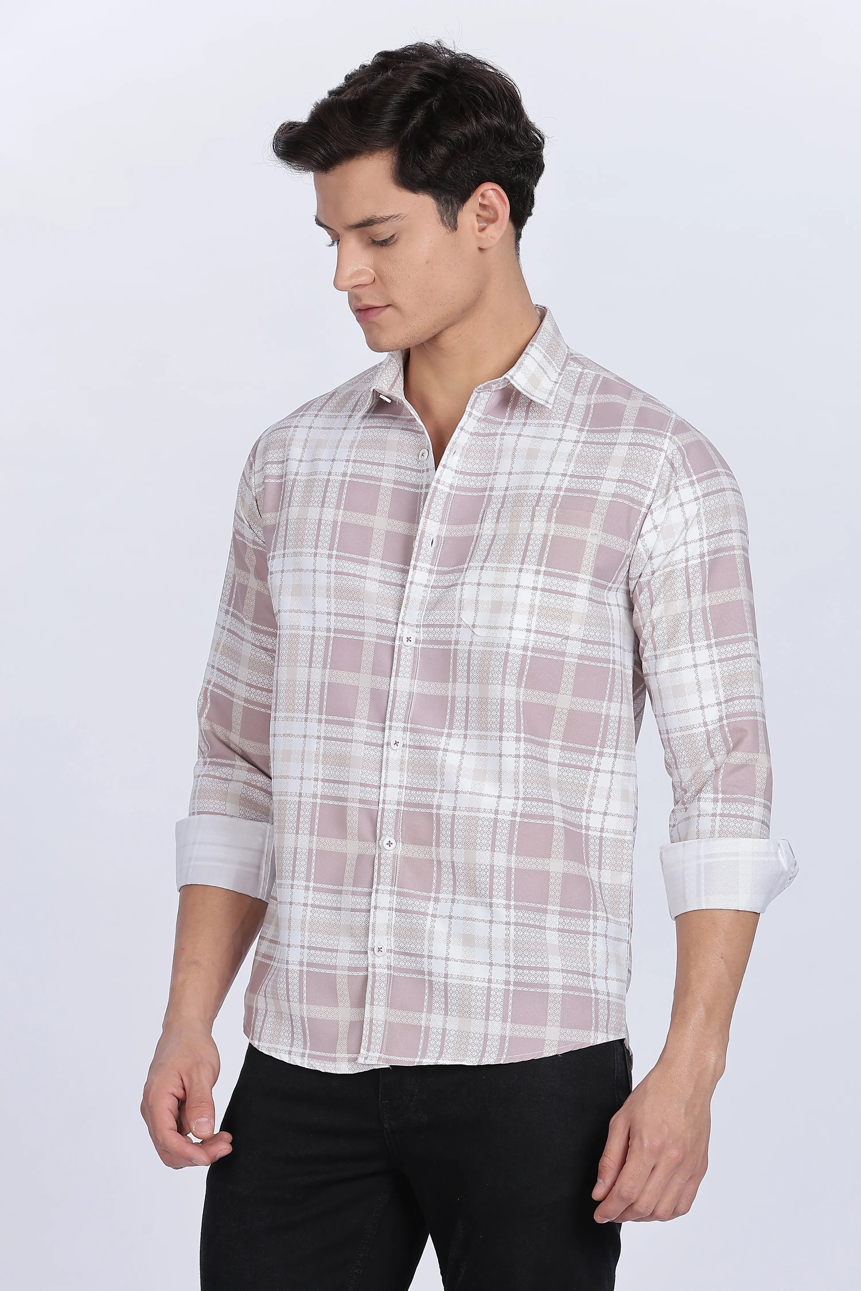 Color Hunt Men's White & Pink Full Sleeve Cotton Checks Shirt