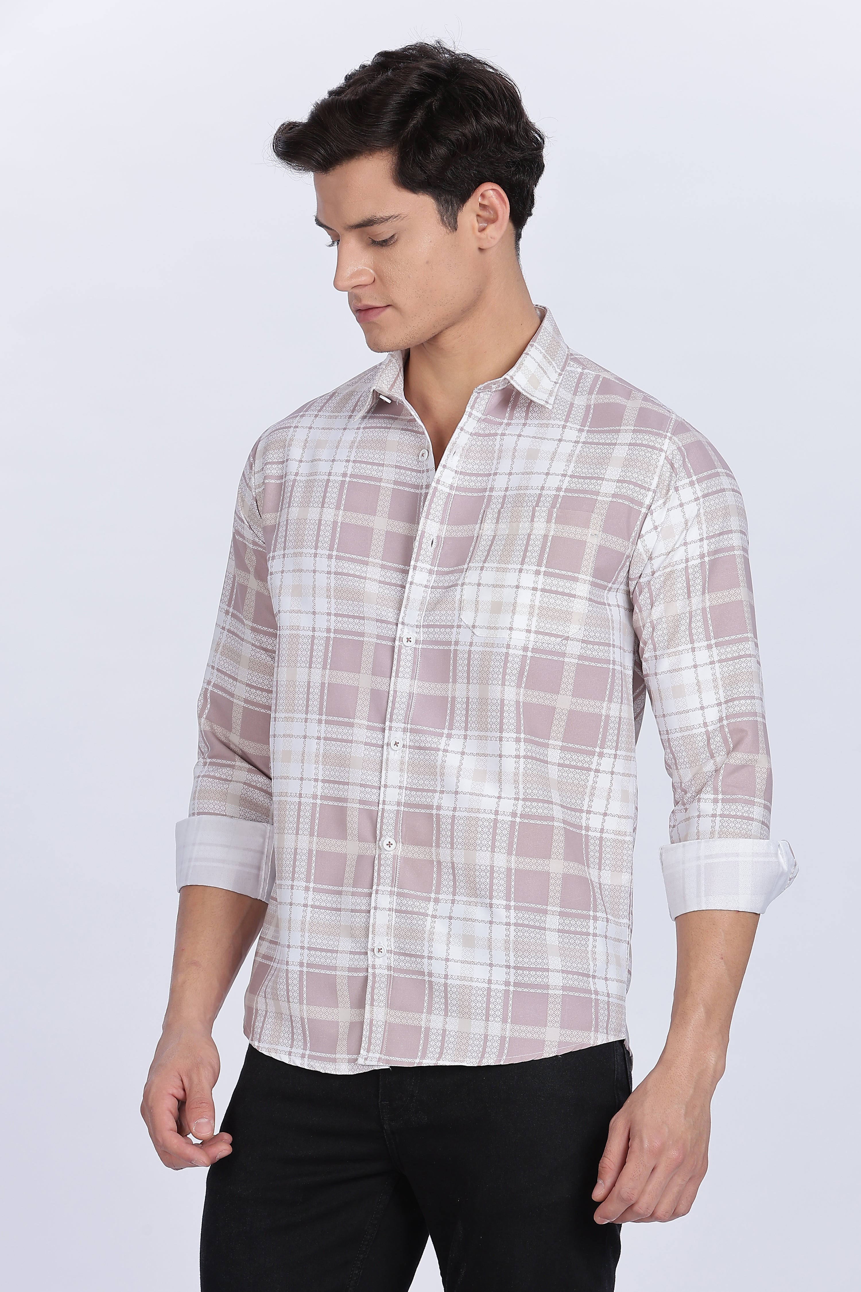 Color Hunt Men's White & Pink Full Sleeve Cotton Checks Shirt