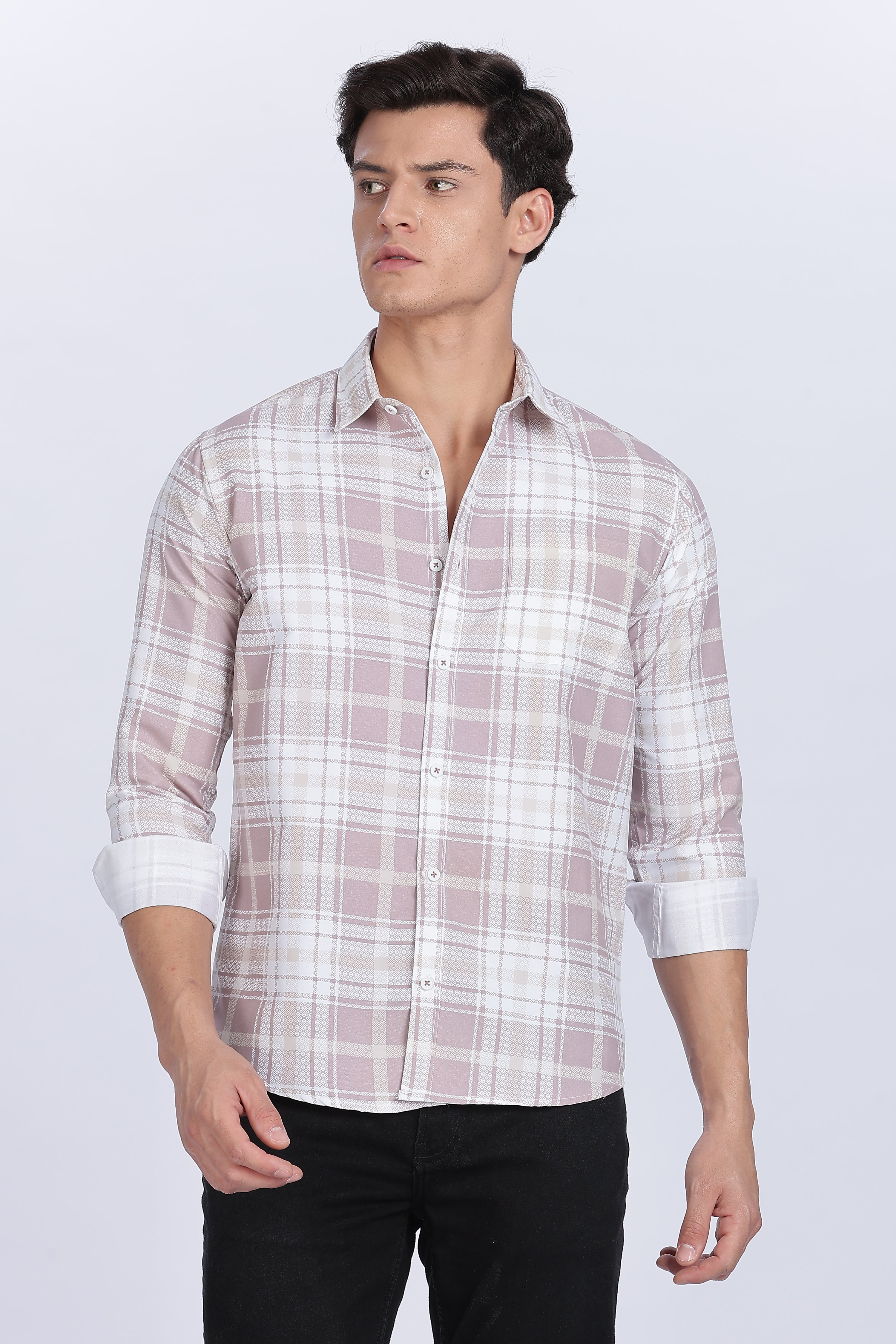 Color Hunt Men's White & Pink Full Sleeve Cotton Checks Shirt