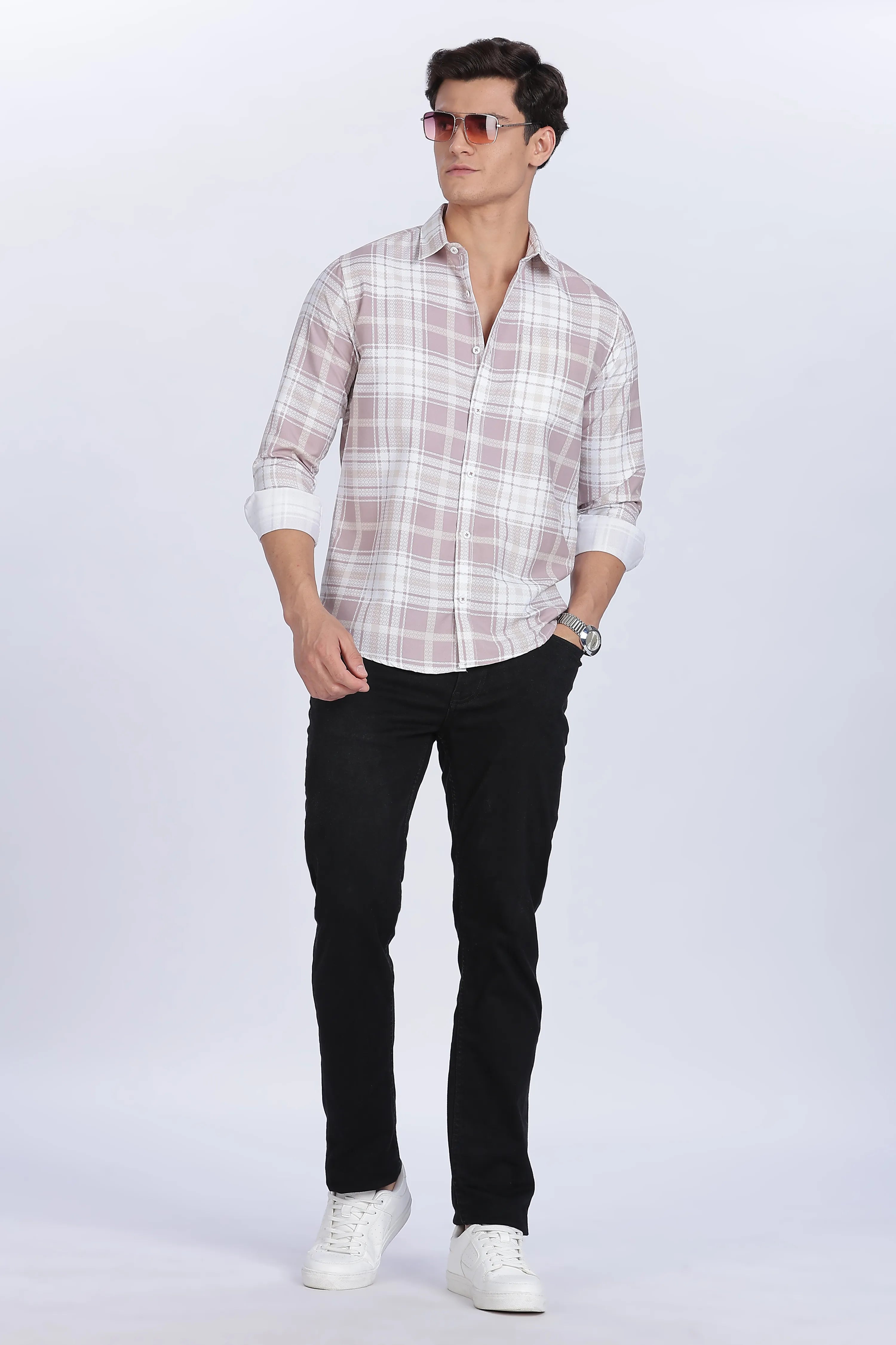 Color Hunt Men's White & Pink Full Sleeve Cotton Checks Shirt