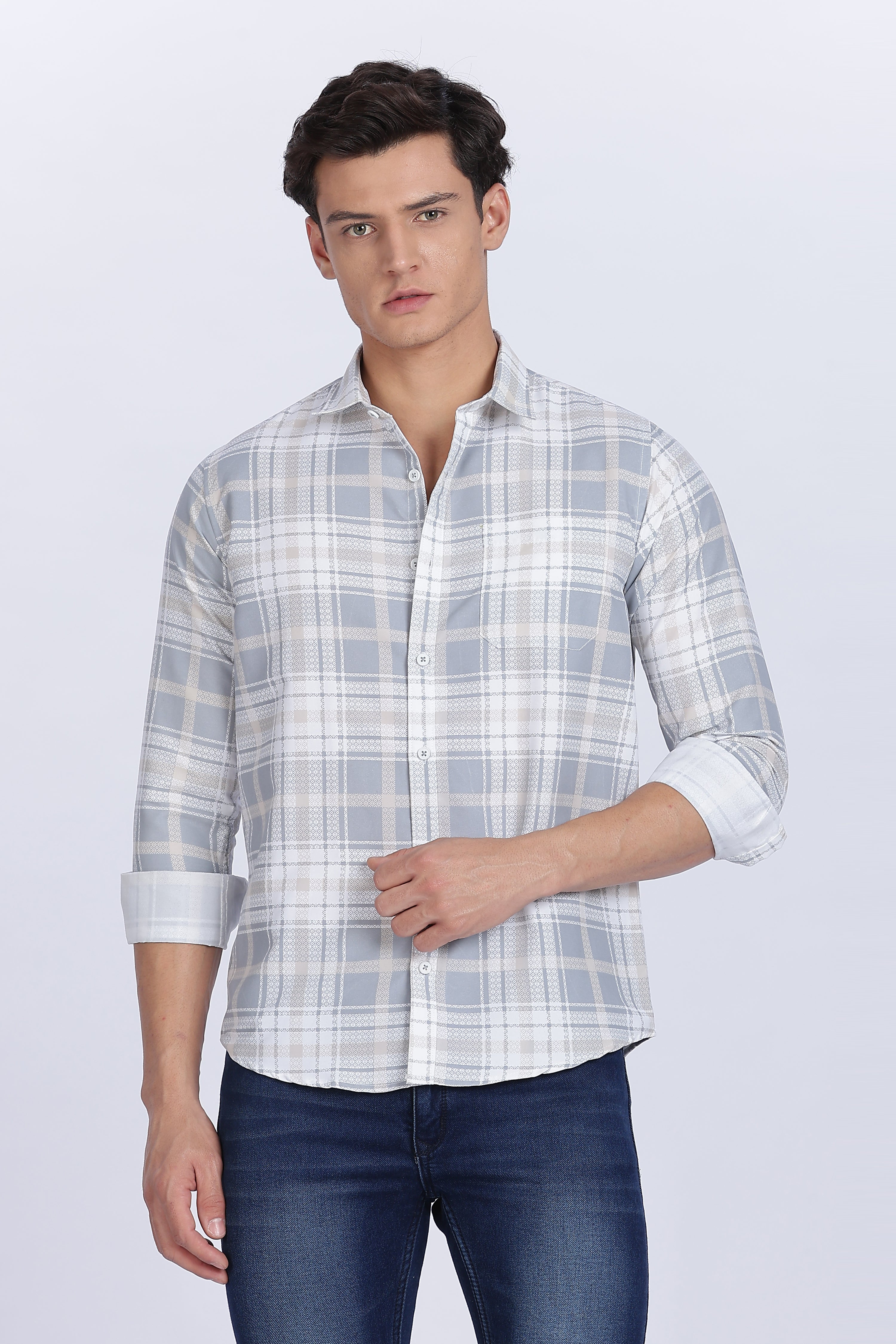 Color Hunt Men's White & Grey Full Sleeve Regular Fit Checked Shirt