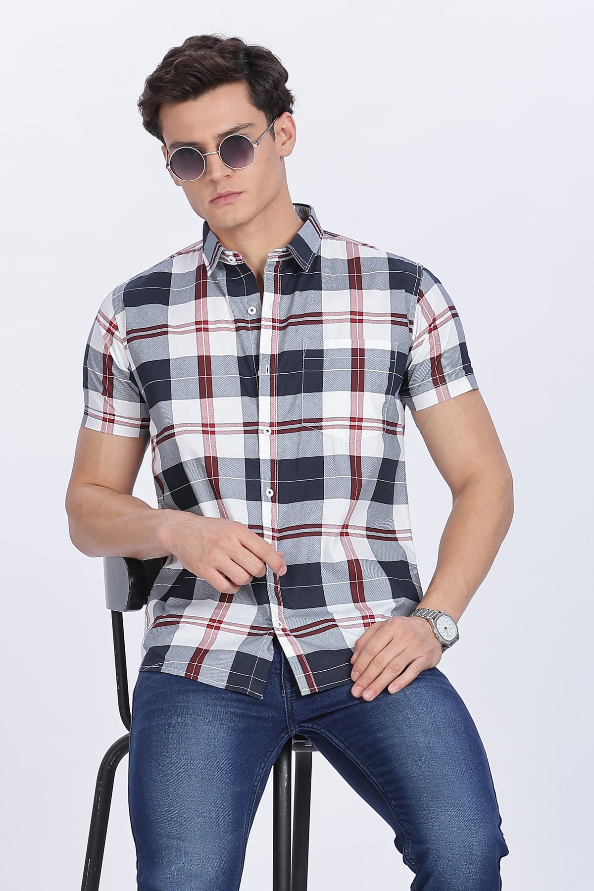 Color Hunt Men's Multi Cotton Half Sleeve Checks Shirt