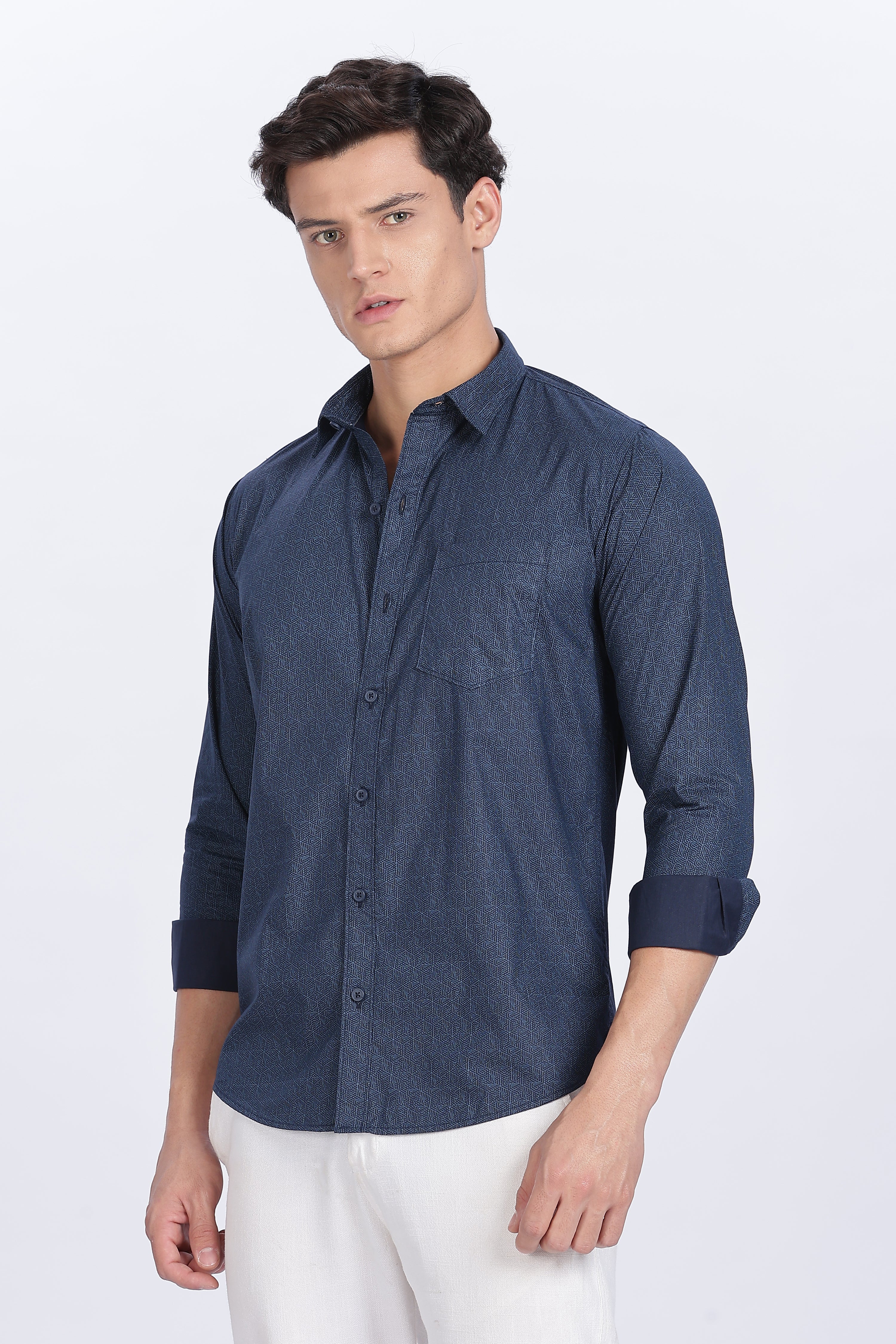 Color Hunt Men's Dark Blue Full Sleeve Printed Cotton Shirt