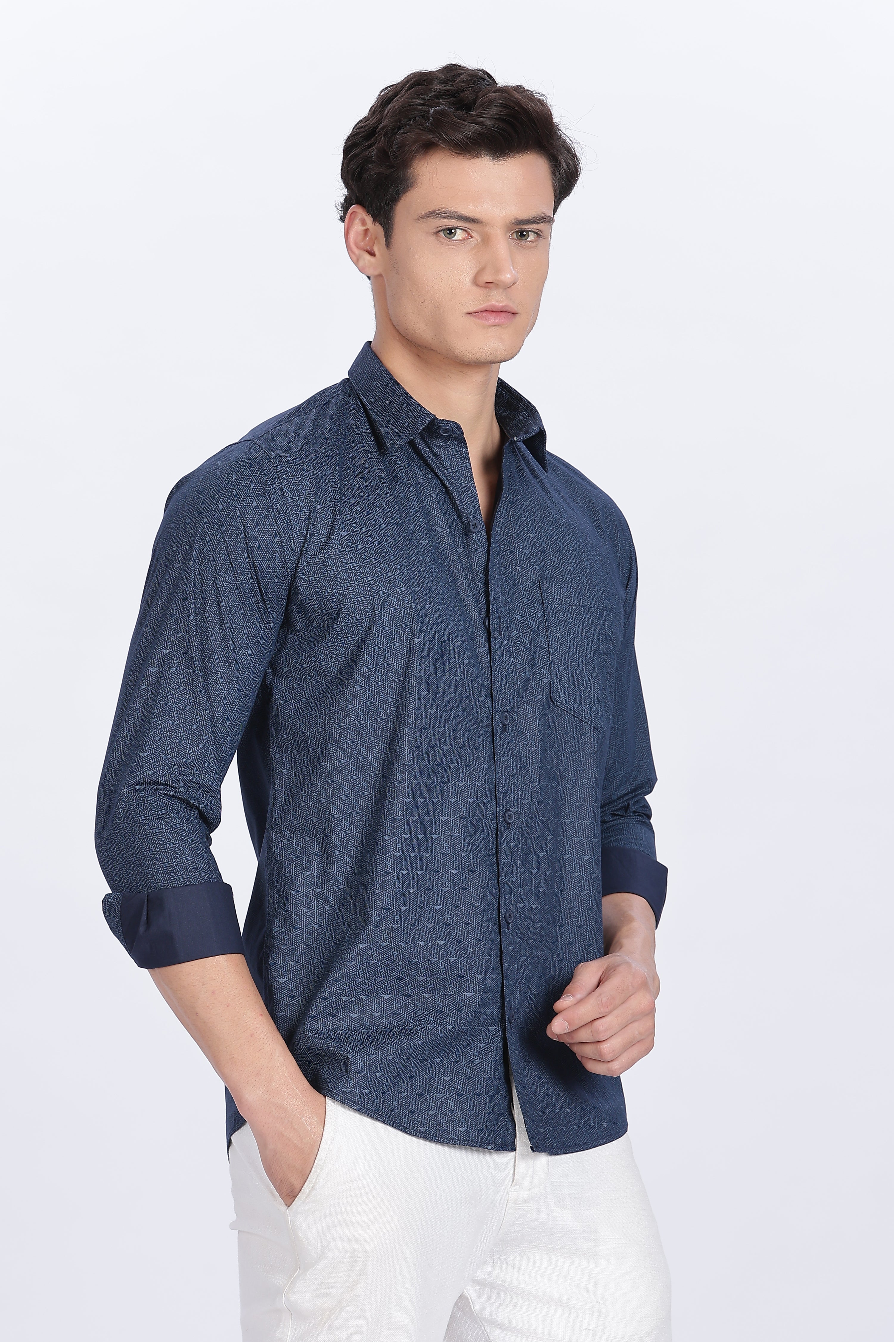 Color Hunt Men's Dark Blue Full Sleeve Printed Cotton Shirt