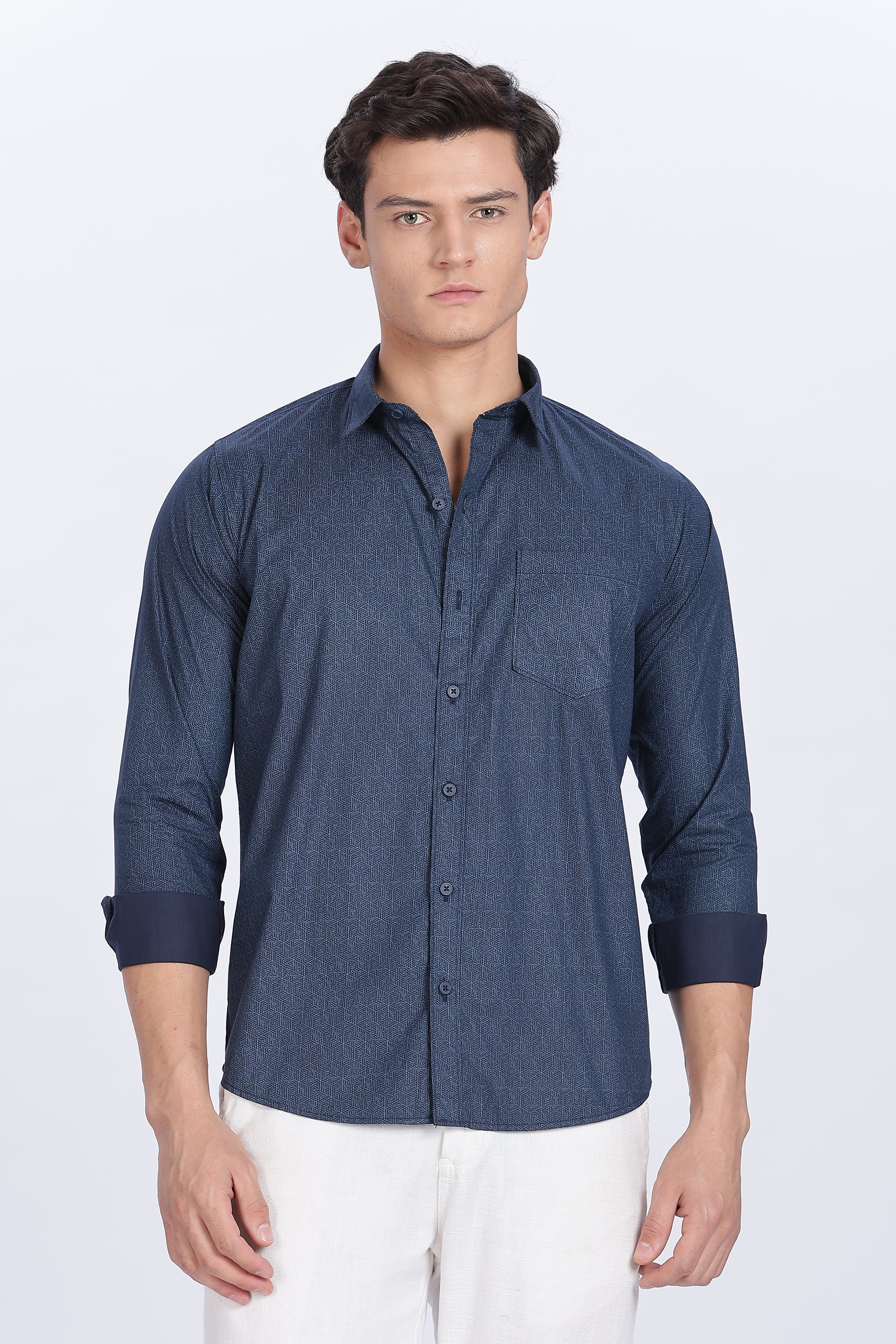 Color Hunt Men's Dark Blue Full Sleeve Printed Cotton Shirt