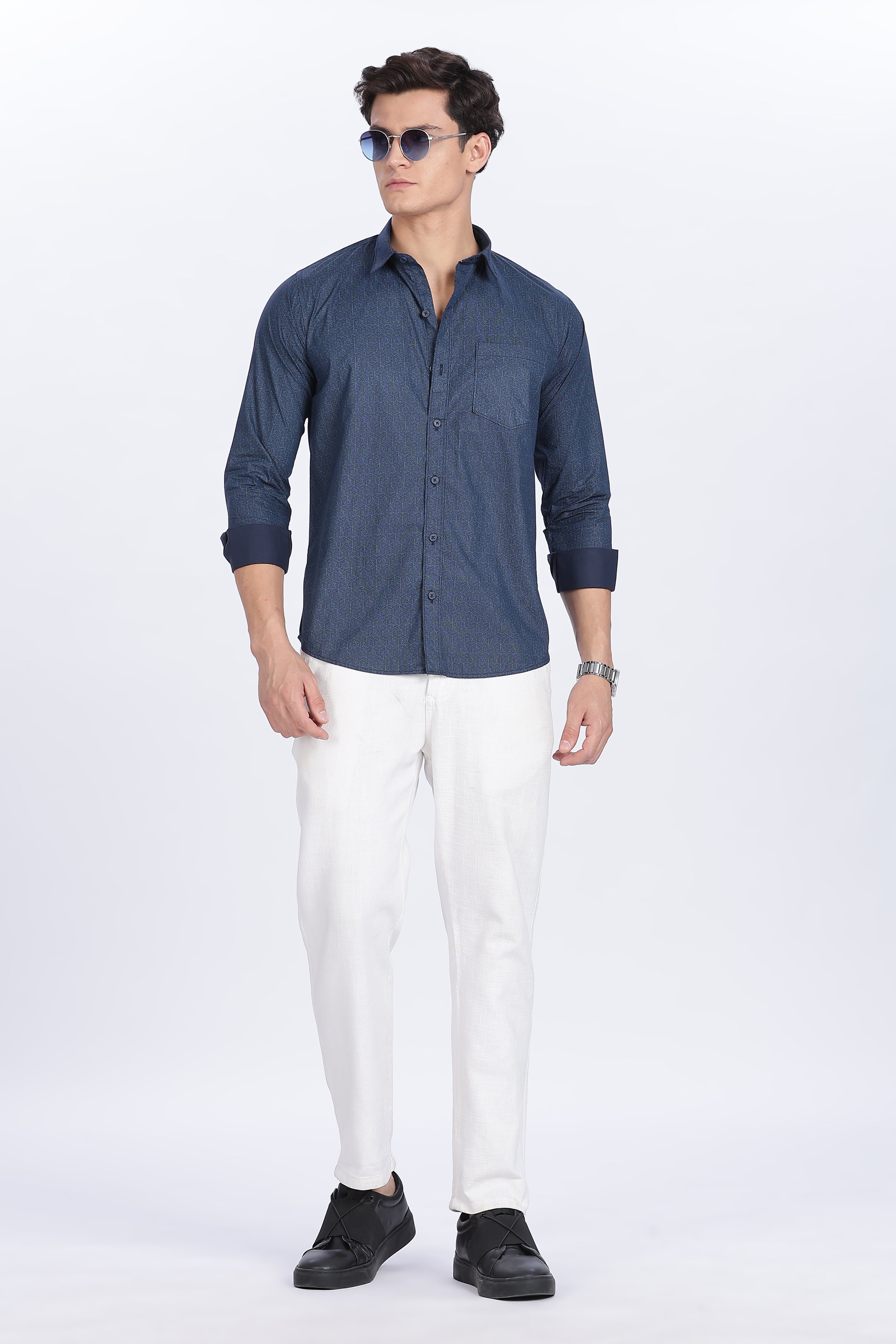 Color Hunt Men's Dark Blue Full Sleeve Printed Cotton Shirt