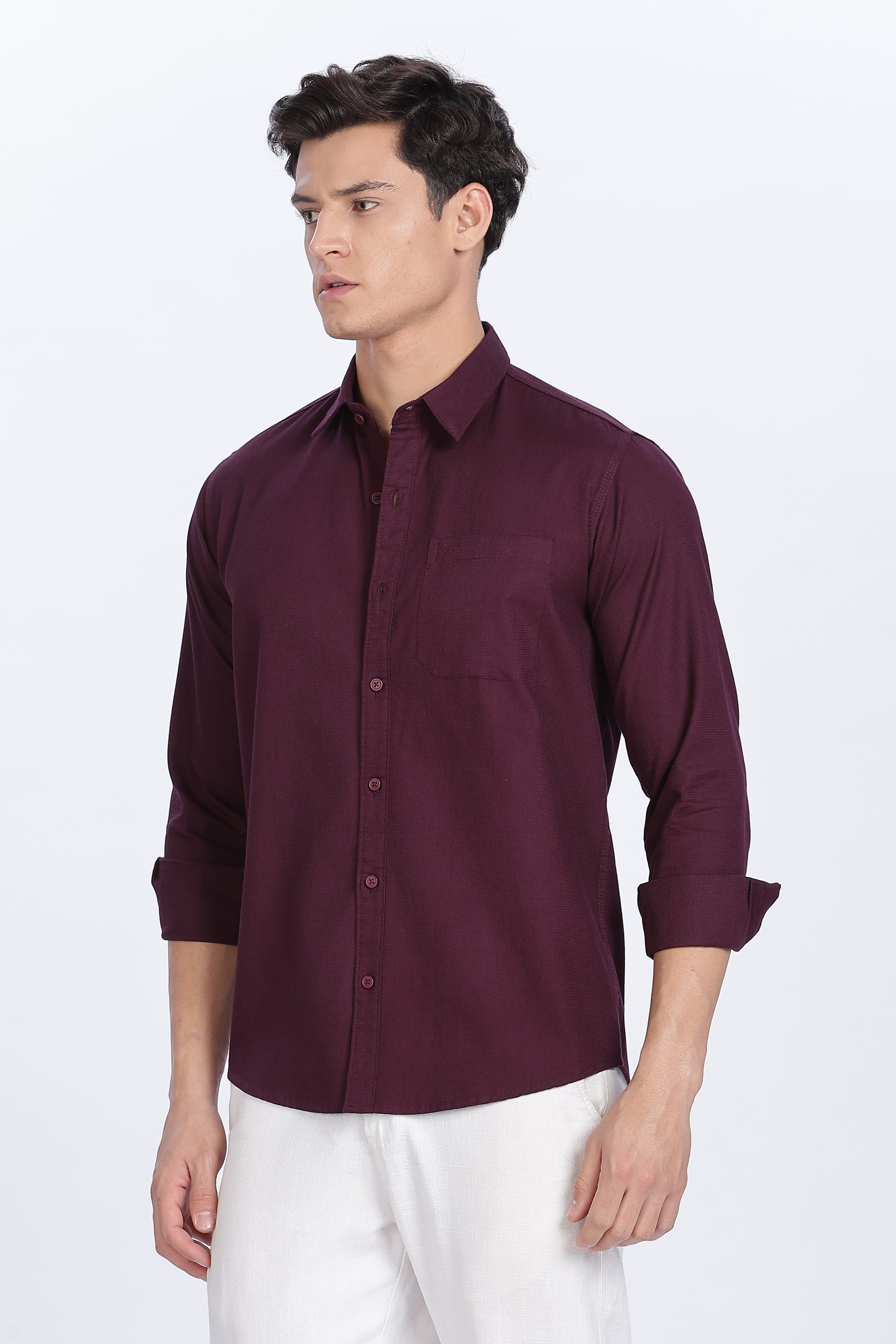 Color Hunt Men's Wine Full Sleeve Cotton Shirt - Regular Fit