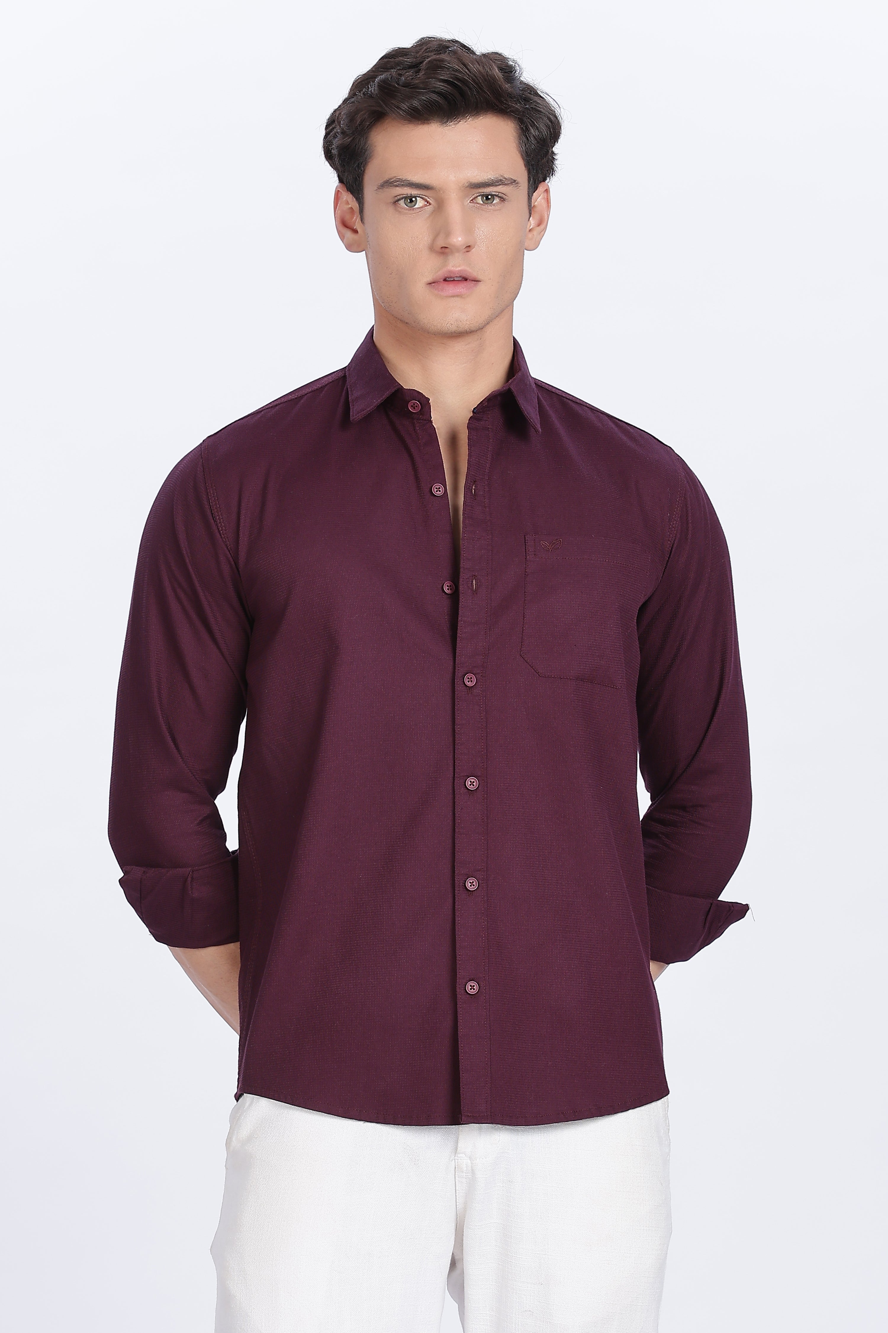 Color Hunt Men's Wine Full Sleeve Cotton Shirt - Regular Fit