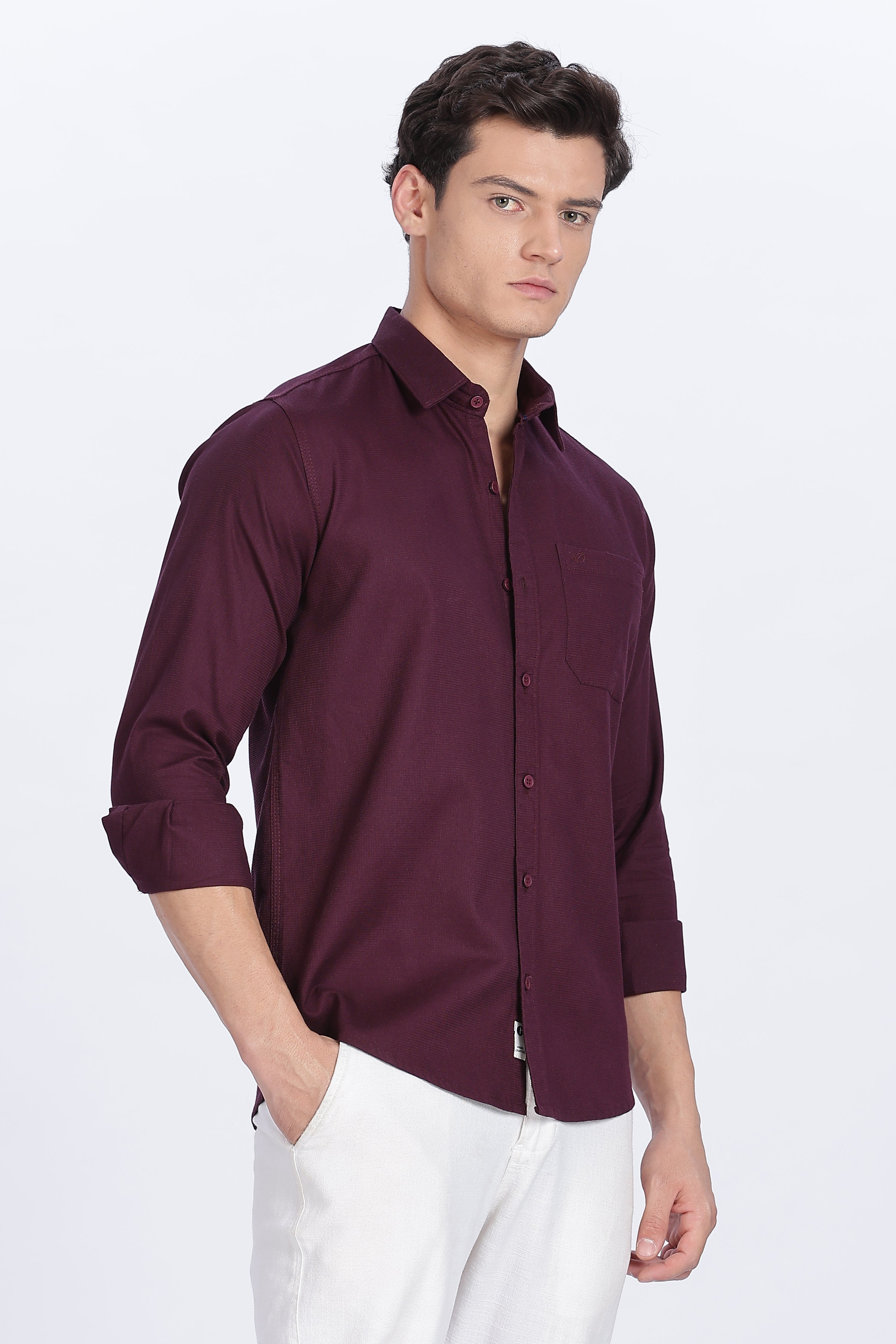 Color Hunt Men's Wine Full Sleeve Cotton Shirt - Regular Fit