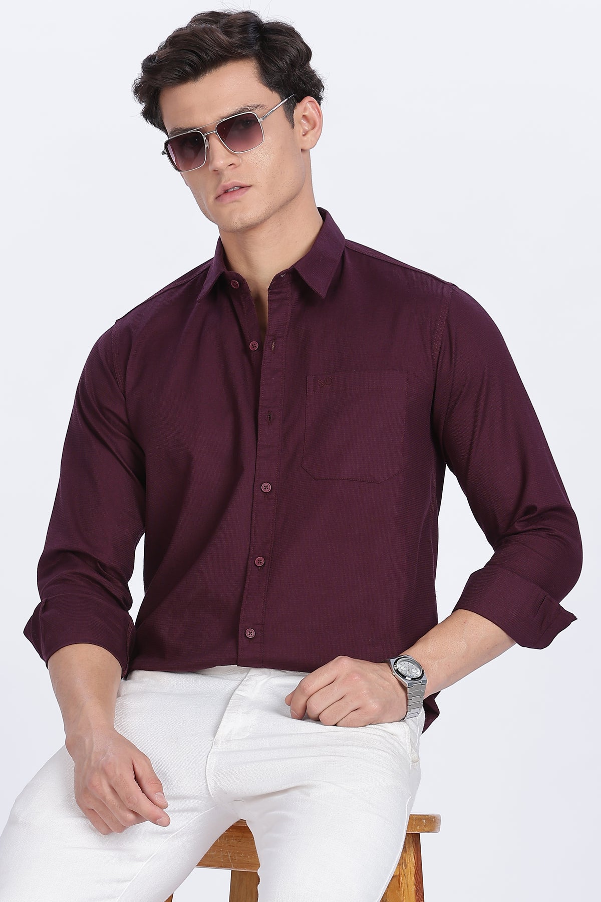 Color Hunt Men's Wine Full Sleeve Cotton Shirt - Regular Fit
