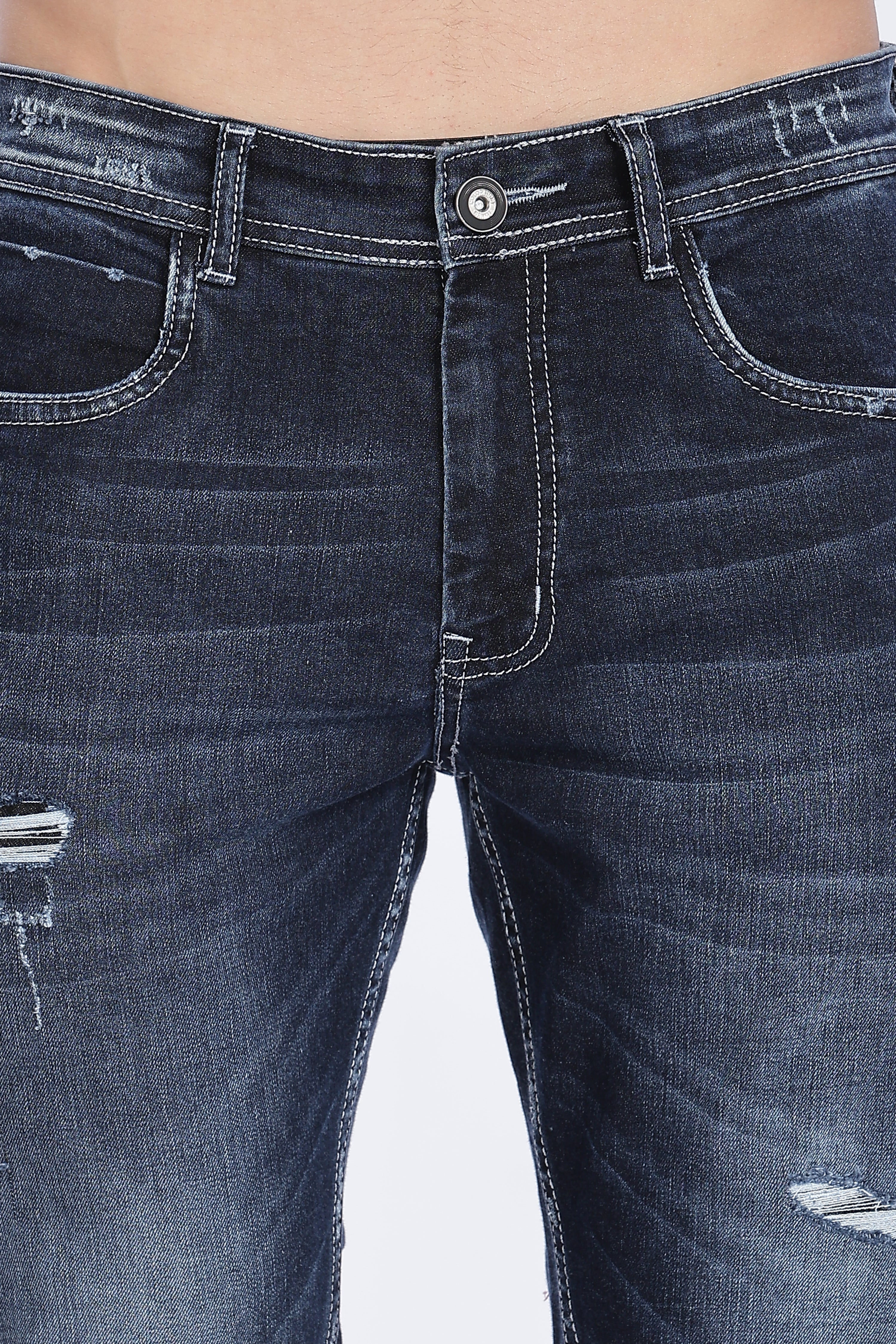 Color Hunt Men's Dark Blue Ripped Regular Fit Denim Jeans